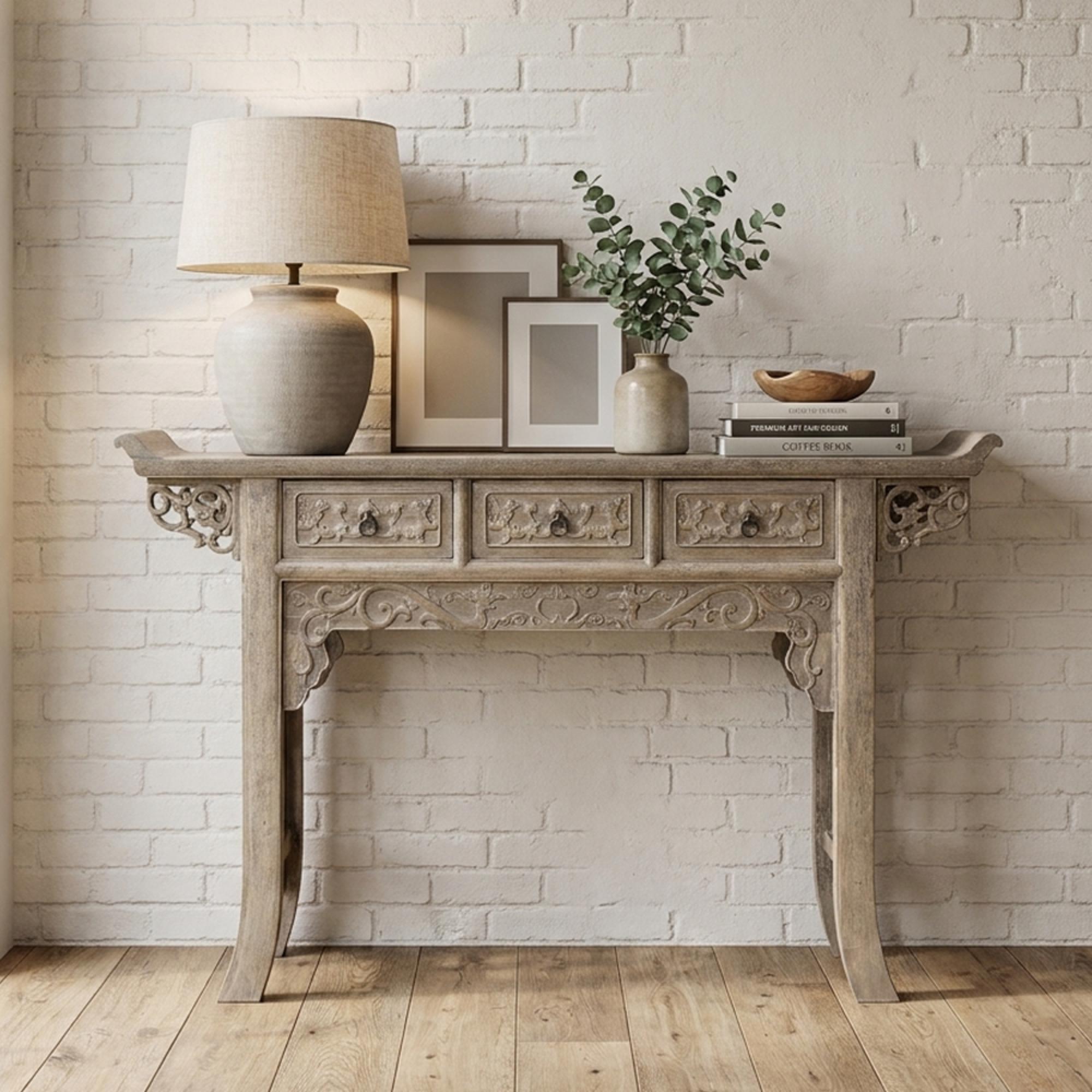 Hand Carved Console Table - 3 Drawer - Grey - Solid Wood
