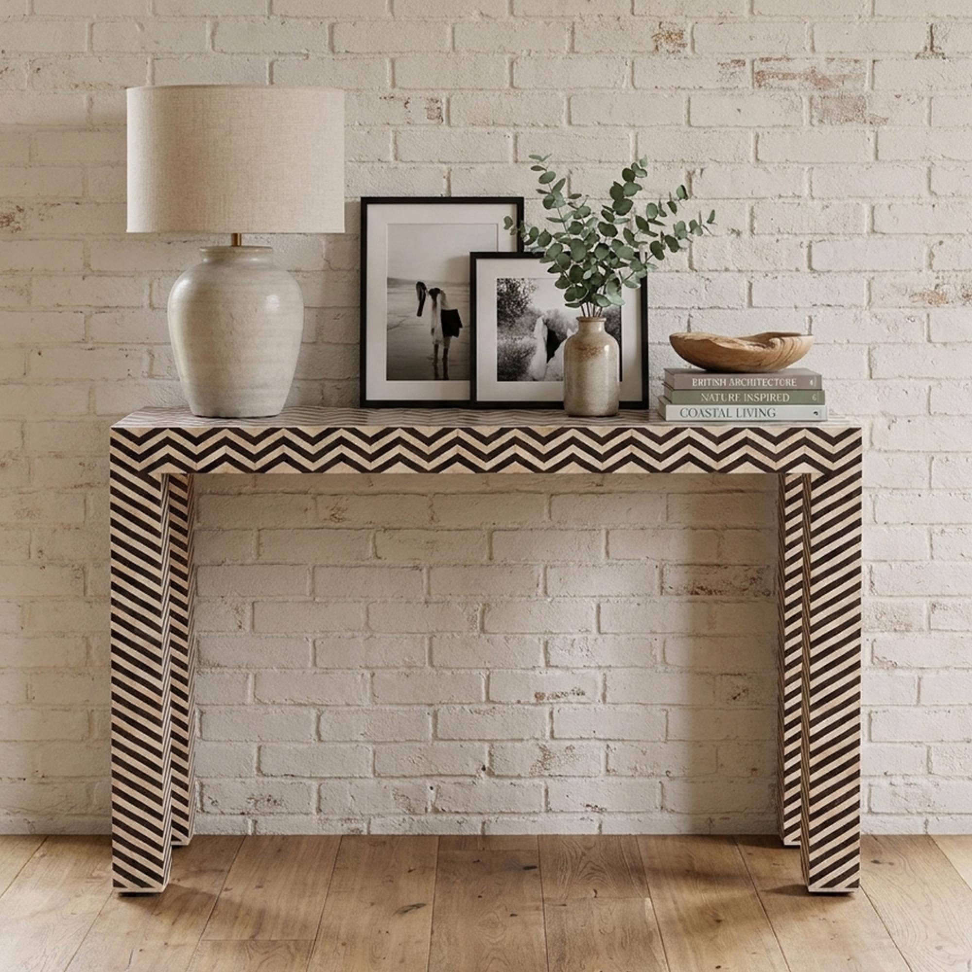 Vicenza Console Table - Chevron - White - Bone Inlay