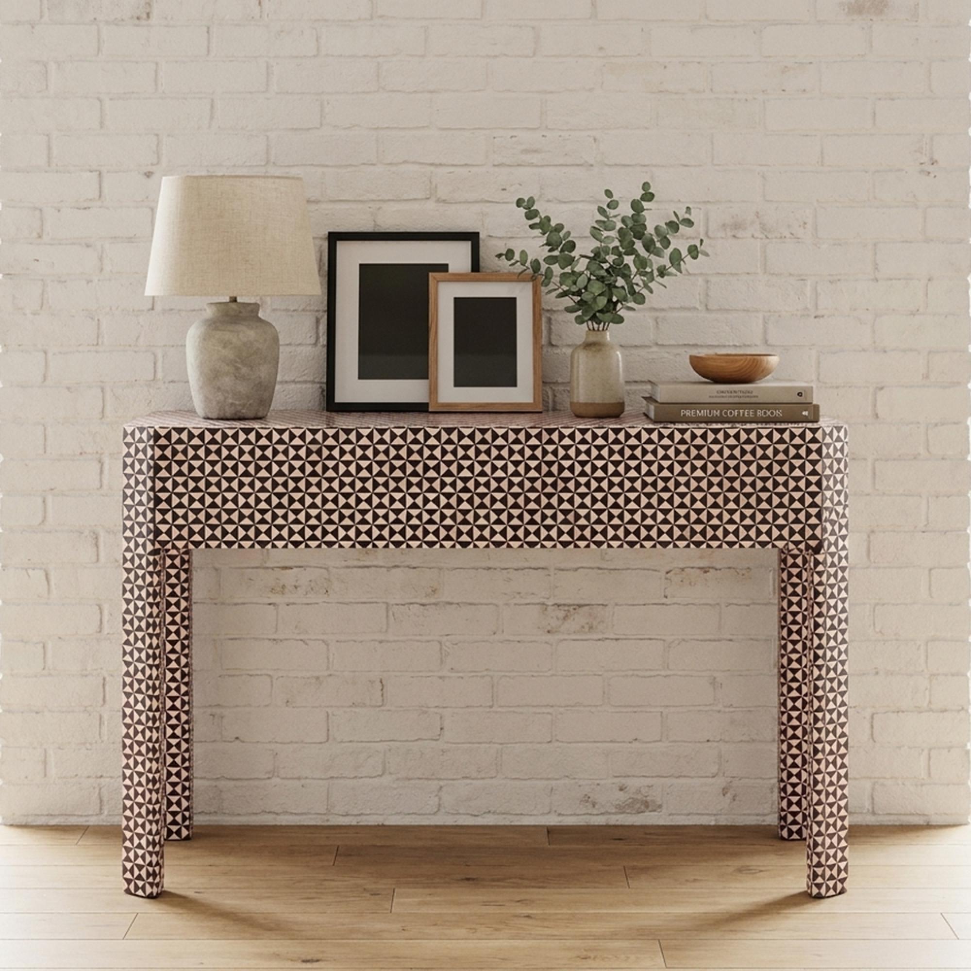 Vivaro Console Table - Geometric Pattern - White - Bone Inlay