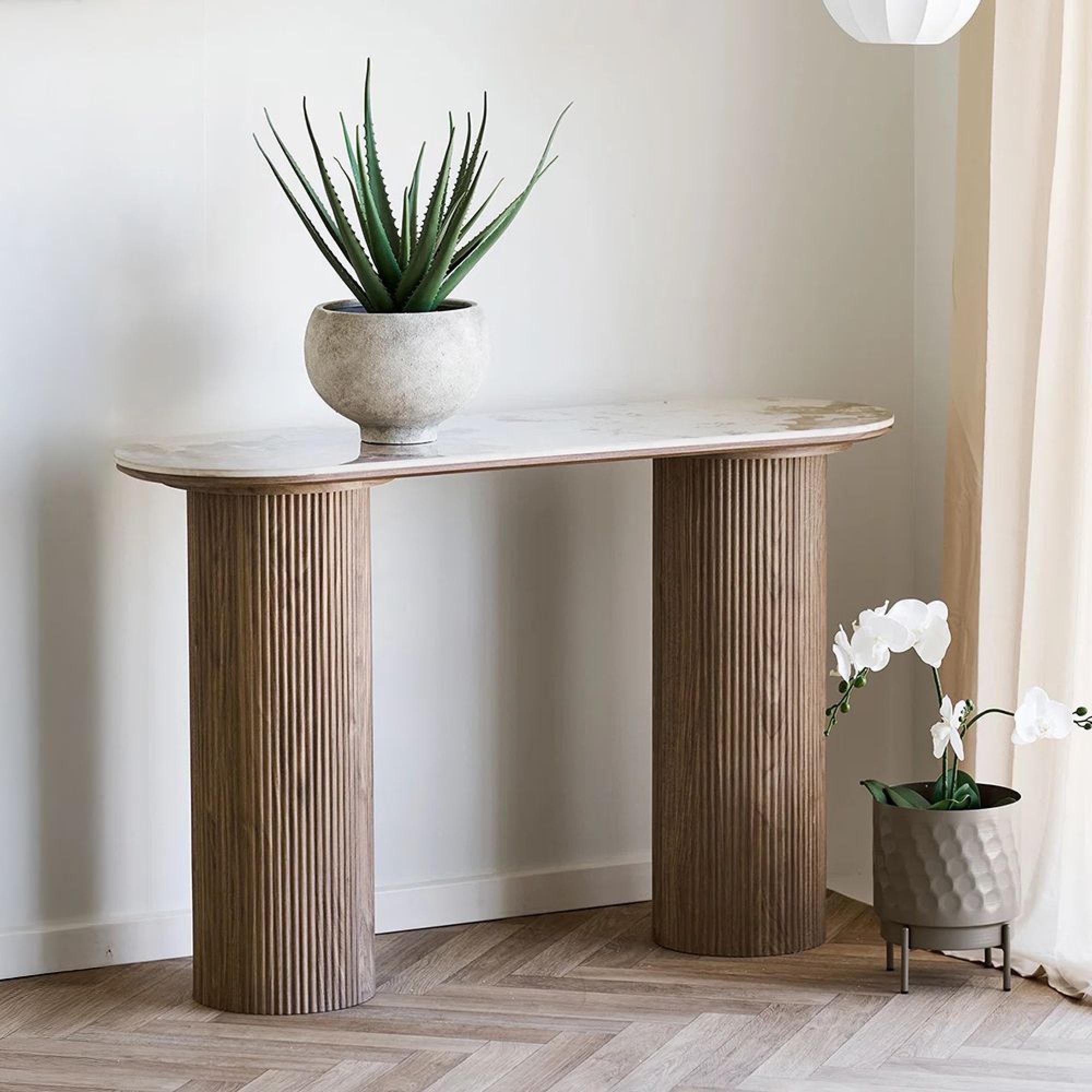 Athens Console Table - Oval - Fluted Base - White and Brown - Ceramic and Wooden
