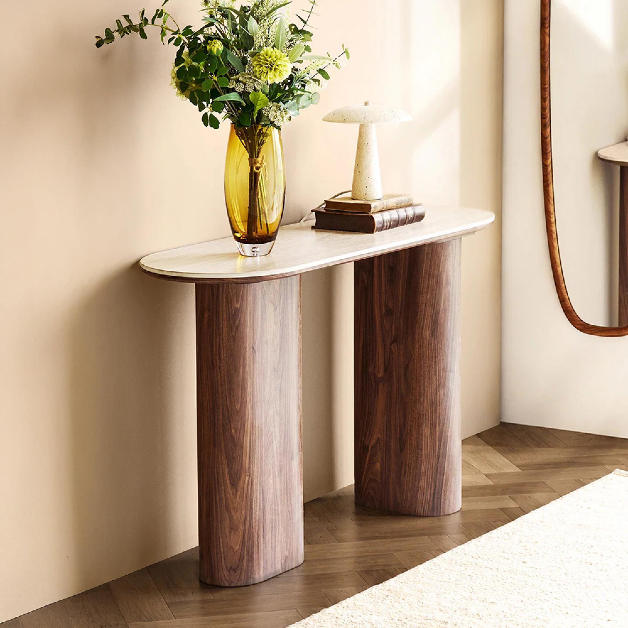Delphi Curved Console Table - Oval - Pedestal Base - Dark Brown - Ceramic and Wooden