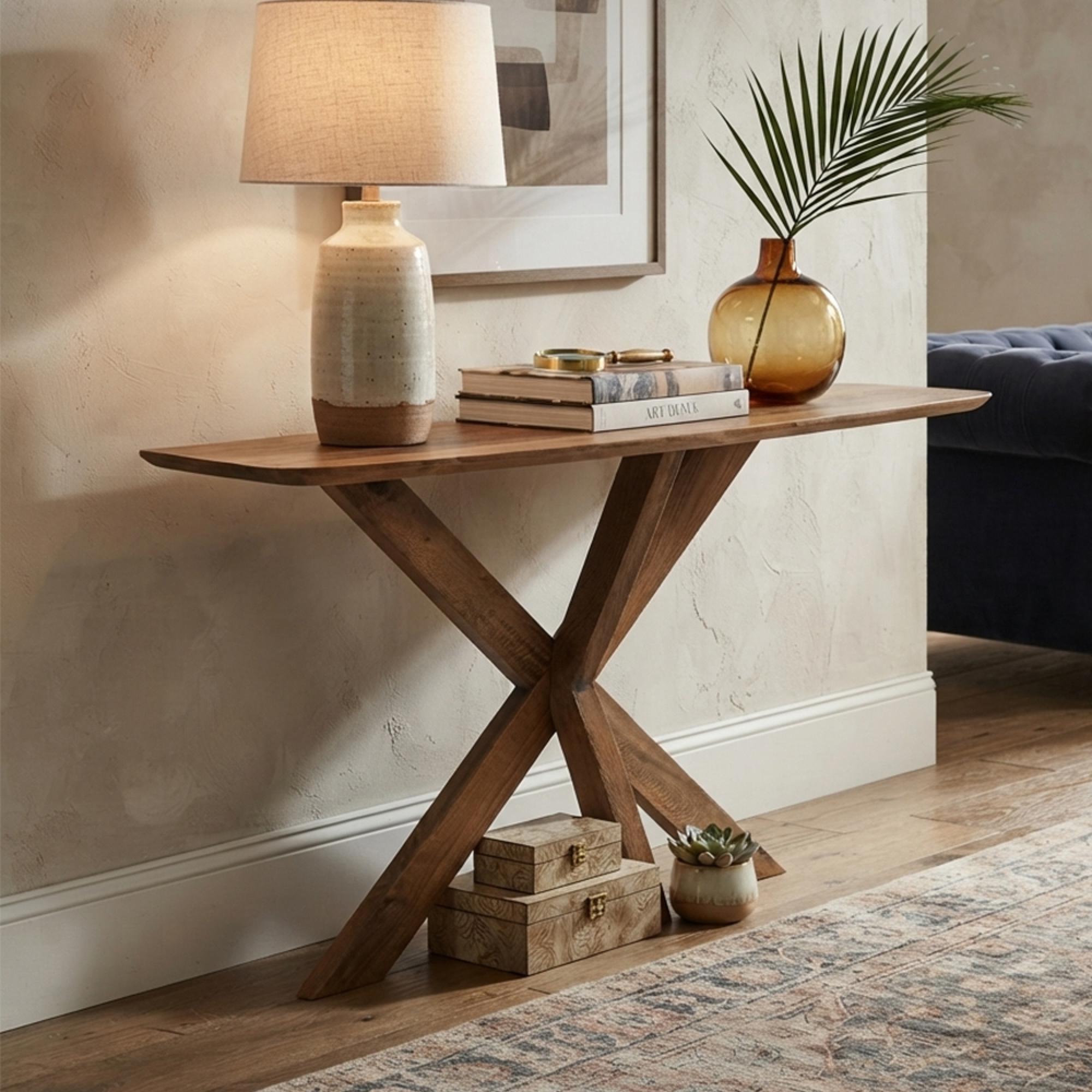 Console Table - Sculptural Cross Base - Natural - Mango Wood