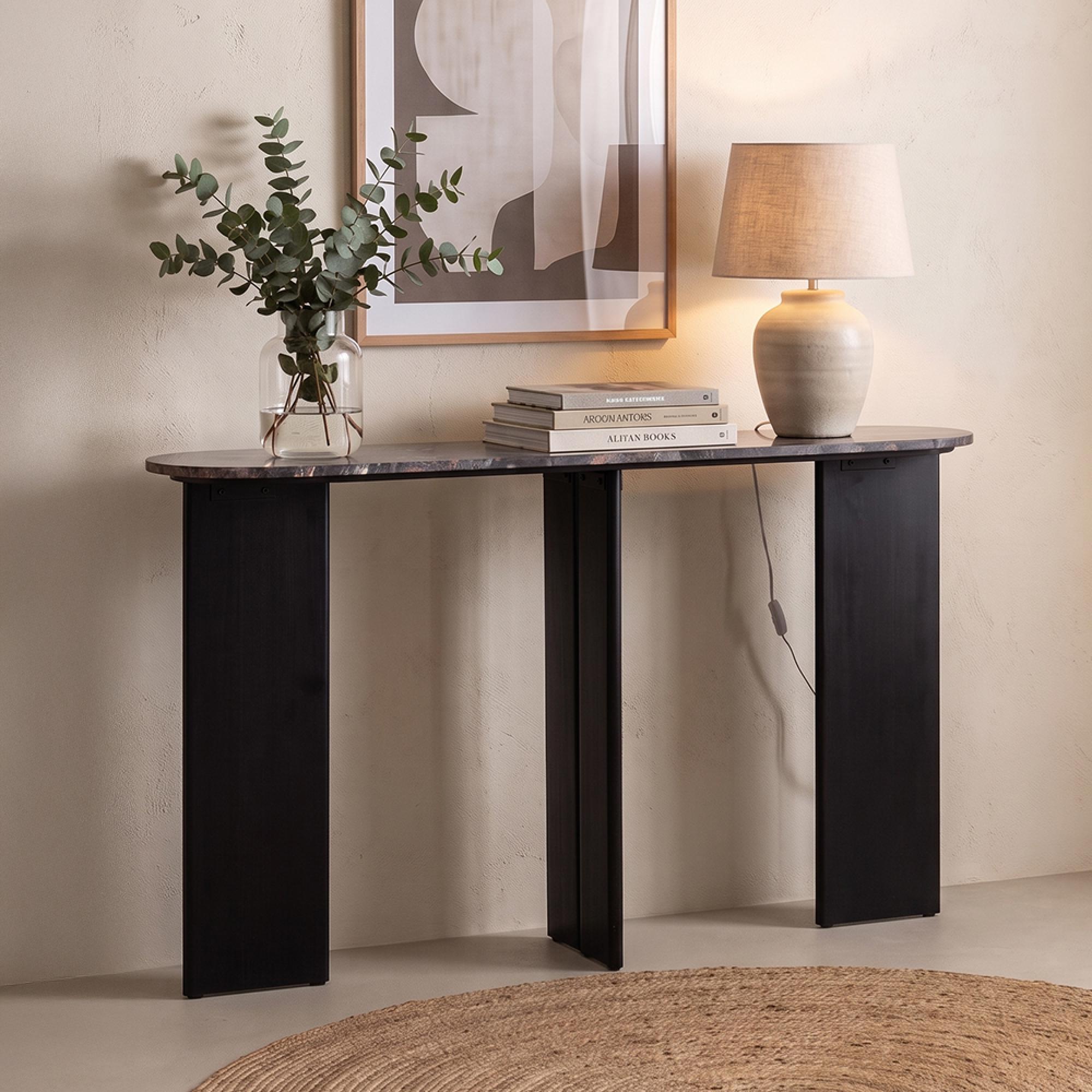 Mathilde Console Table - Oval - Panel Base - Black and Peach - Marble Top