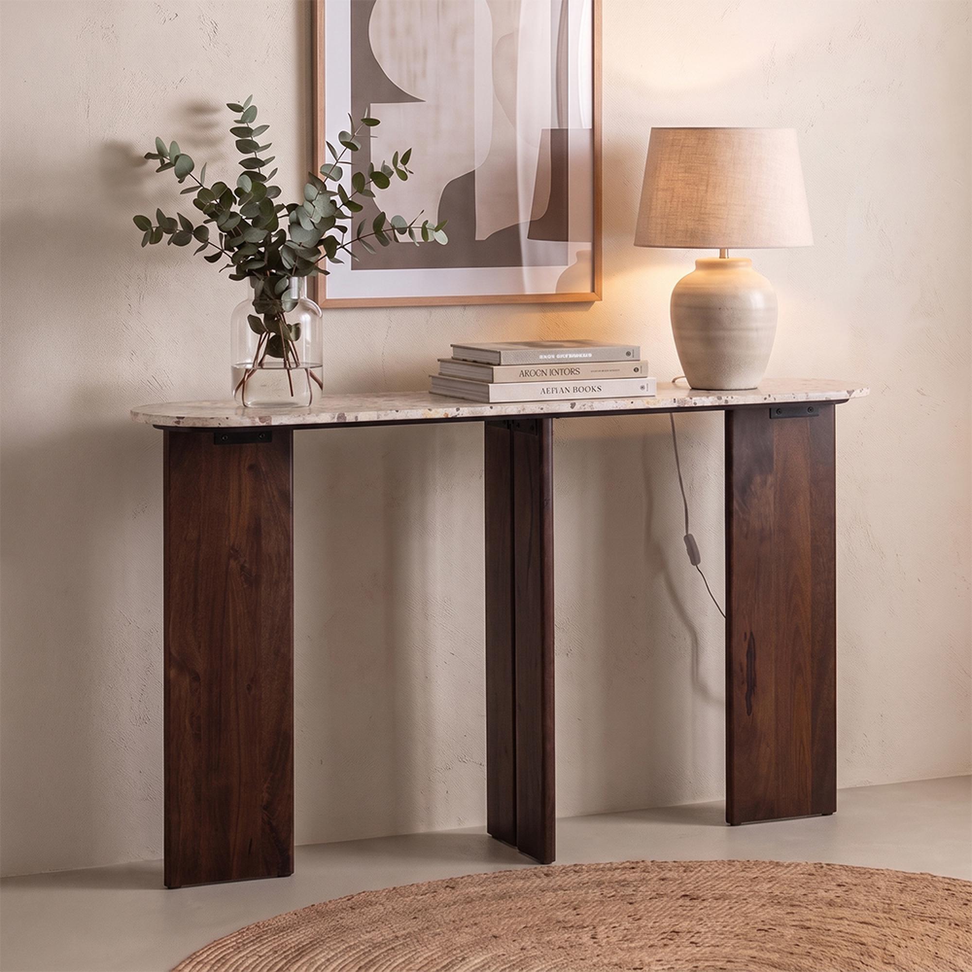 Mathilde Console Table - Oval - Panel Base - Walnut and Beige - Marble Top