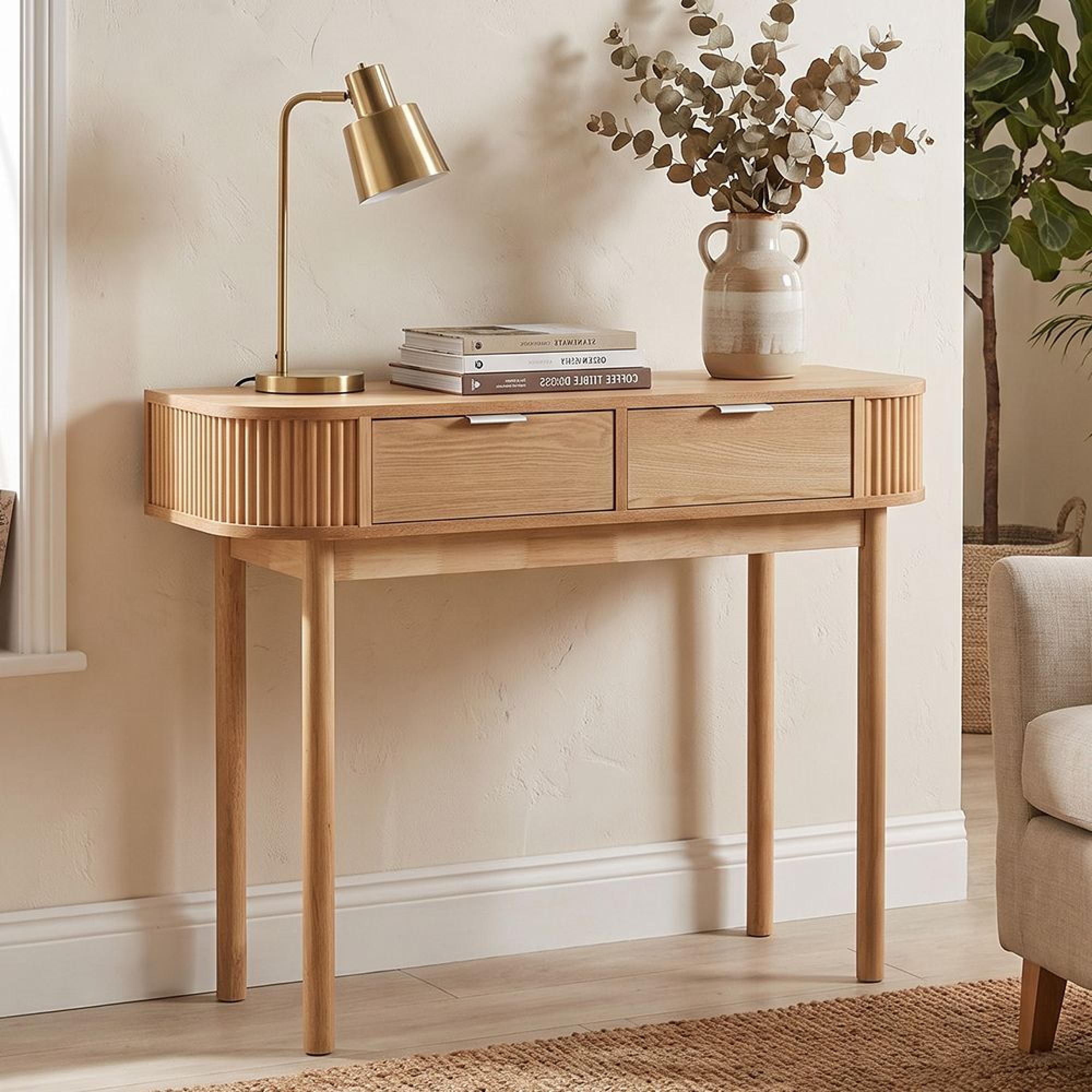 Curved Console Table - 2 Drawer - Fluted - Natural - Pine Wood