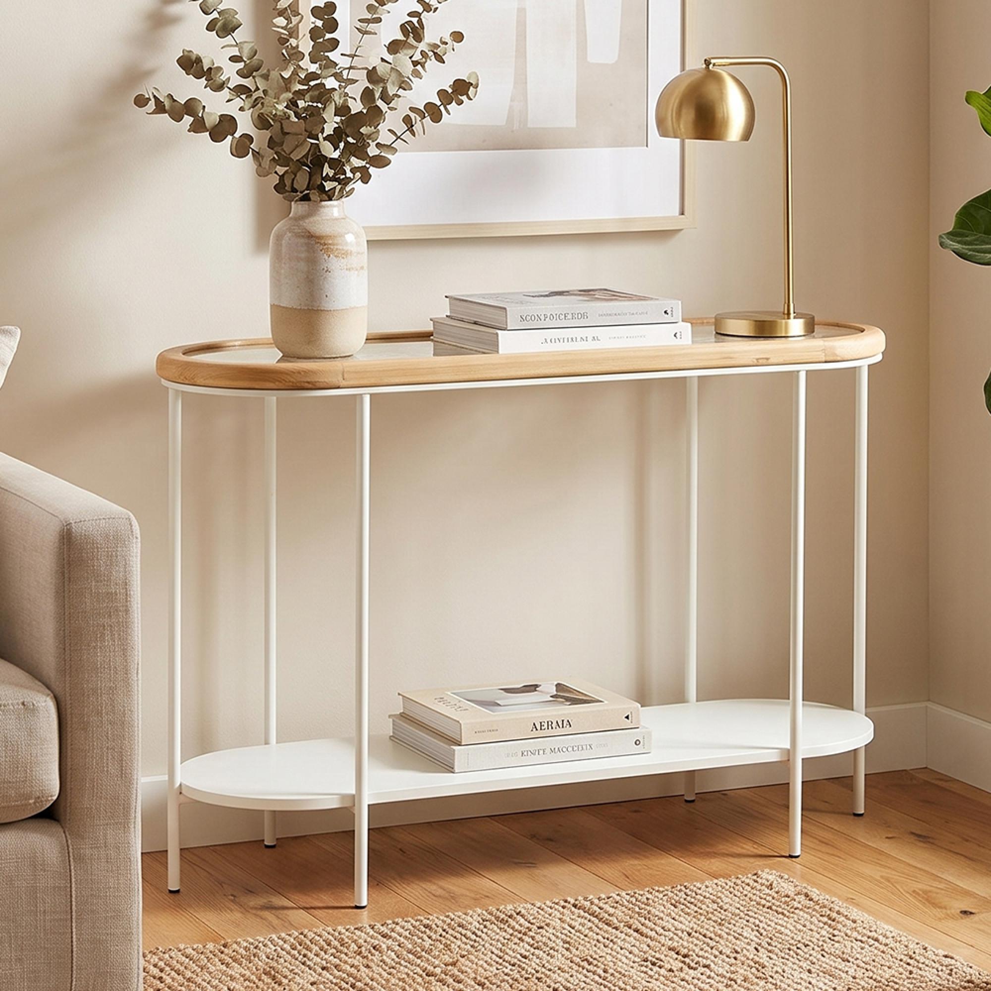 Mati Curved Console Table - Oval - Natural and White - Fir Wood and Metal
