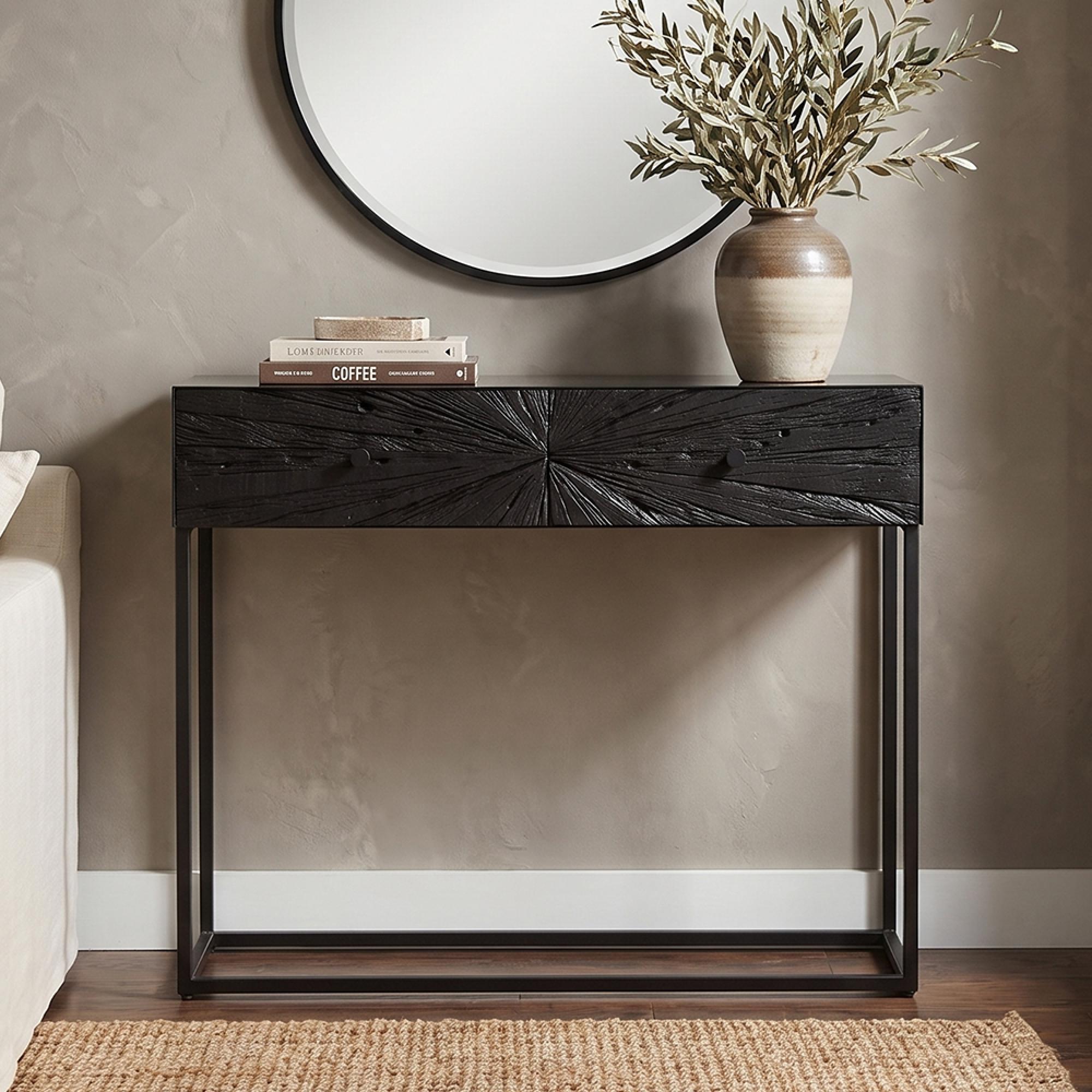 Shanil Console Table - 2 Drawer - Sunburst Desgin - Black - Wood and Metal