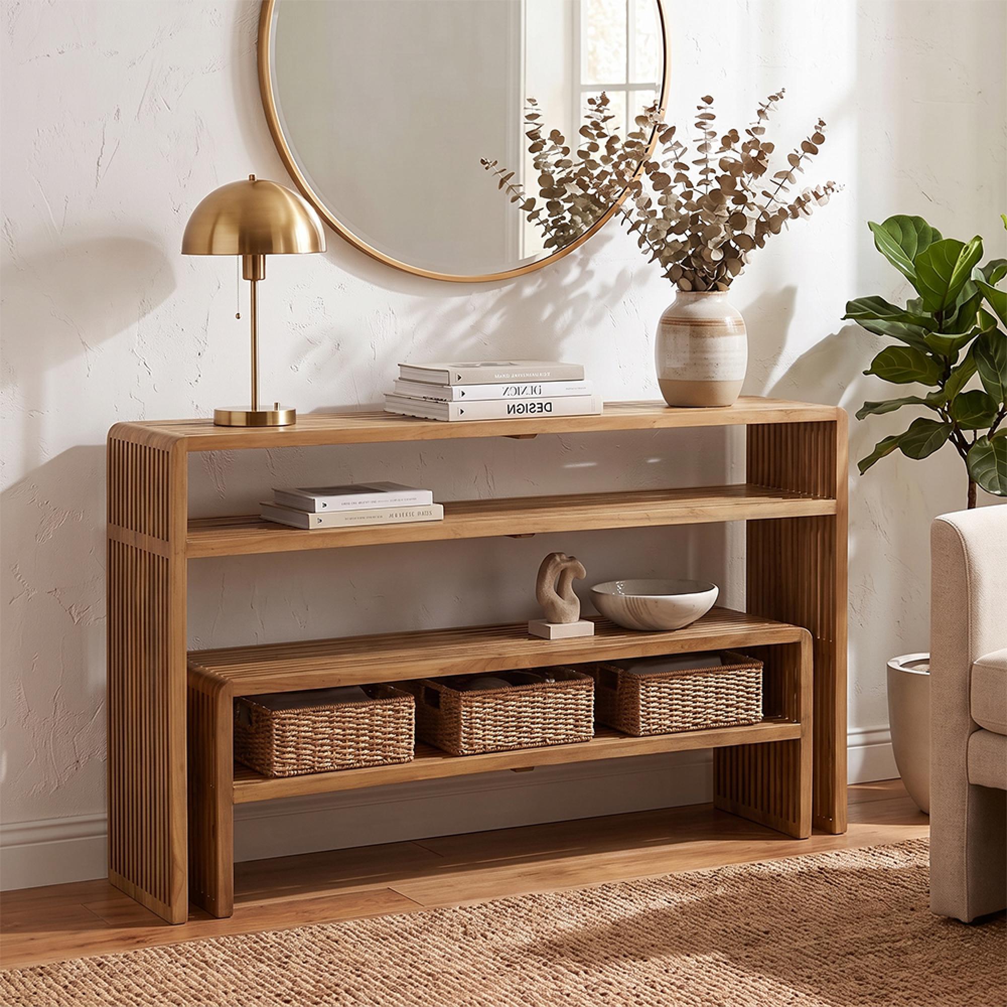 Slatted Console Table - 2 Tier - Natural - Recycle Teak Wood