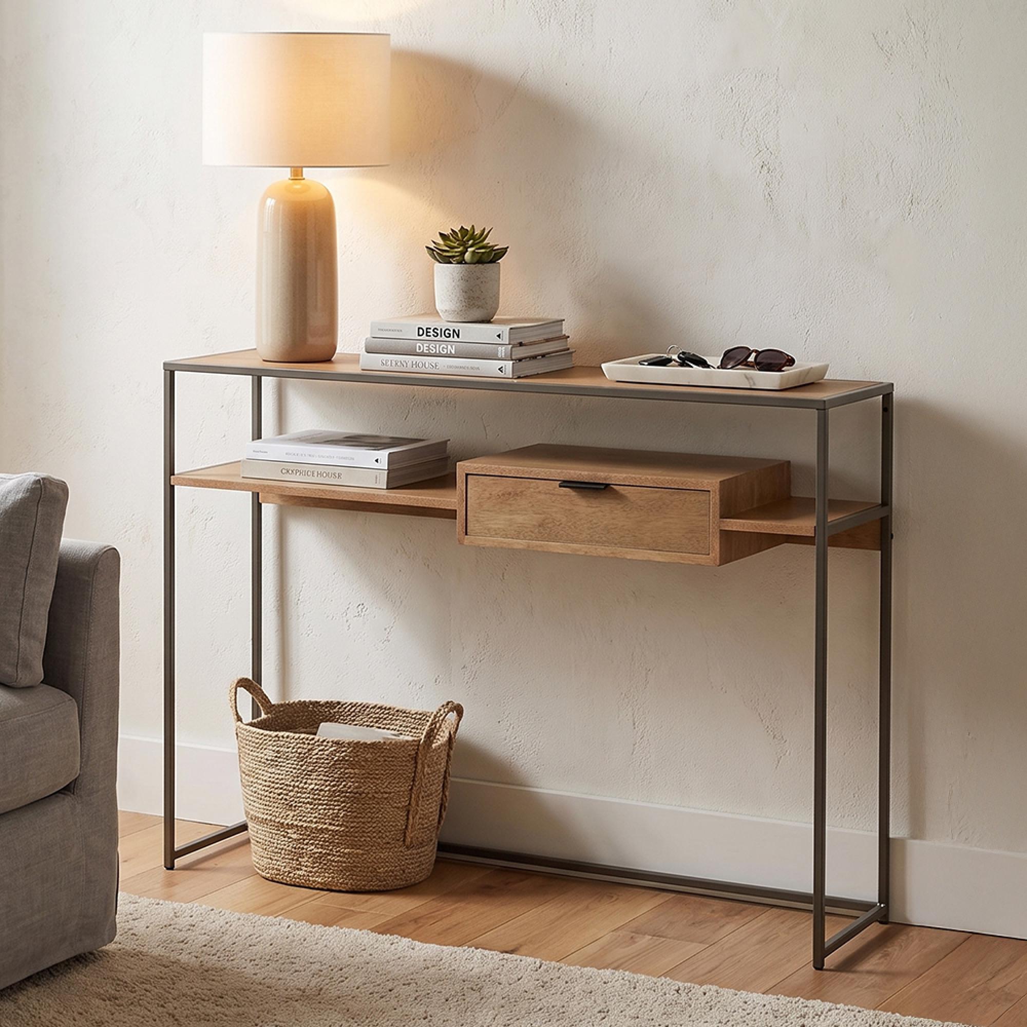 Console Table - 1 Drawer - Natural and Black - Wood and Metal