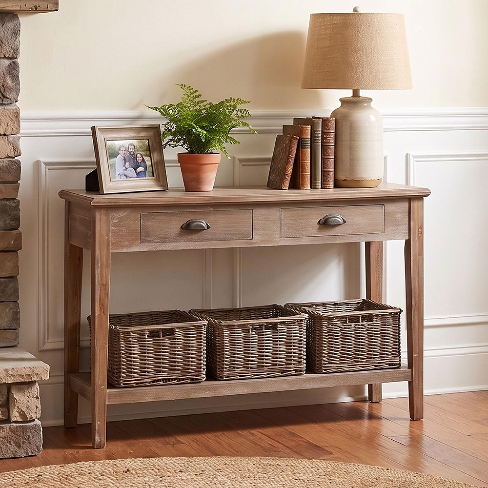 Distressed Console Table - 2 Drawer - 3 Wicker Basket - Grey - Wooden