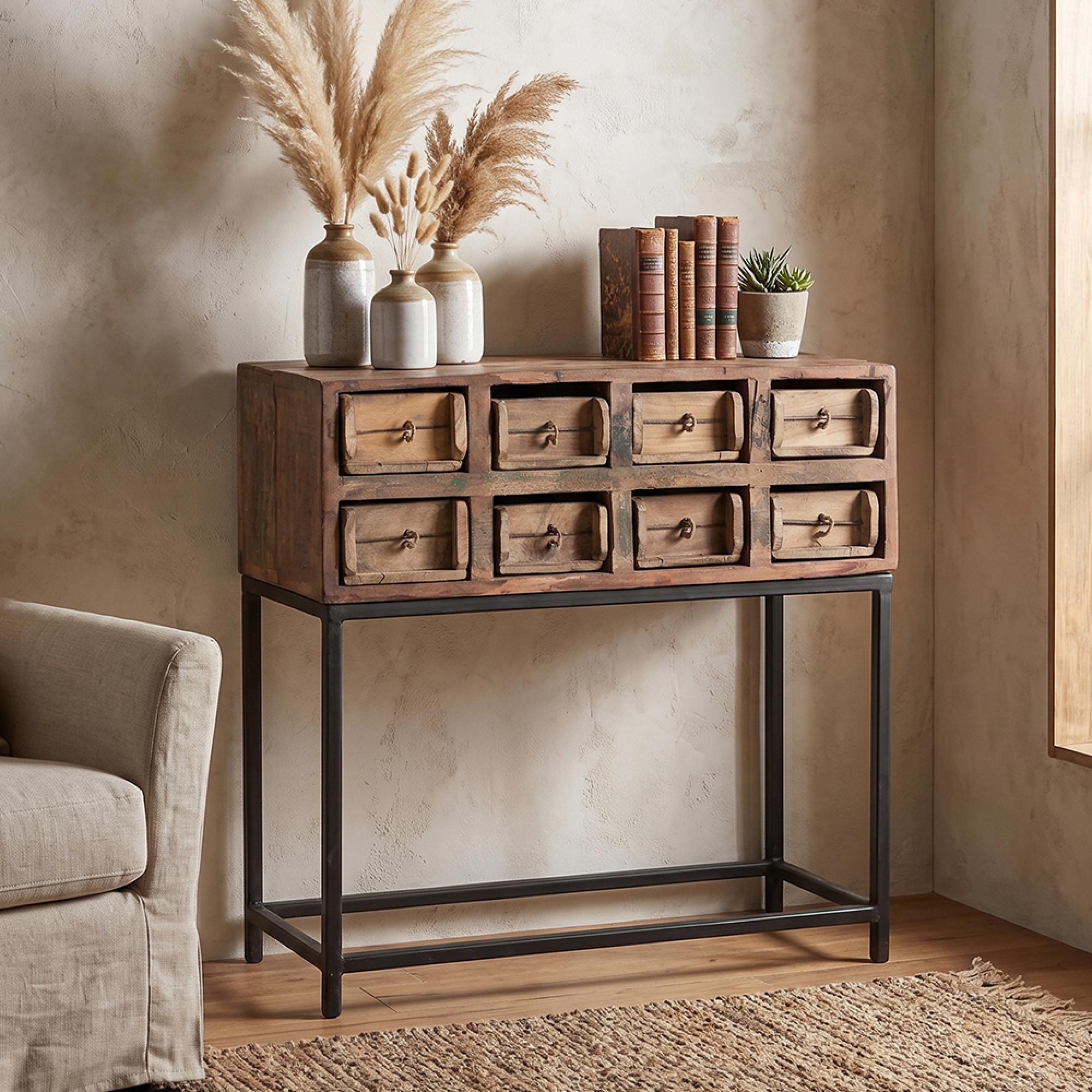 Rough Distressed Console Table - Multi Drawer - Brown and Black - Recycled Wood and Metal