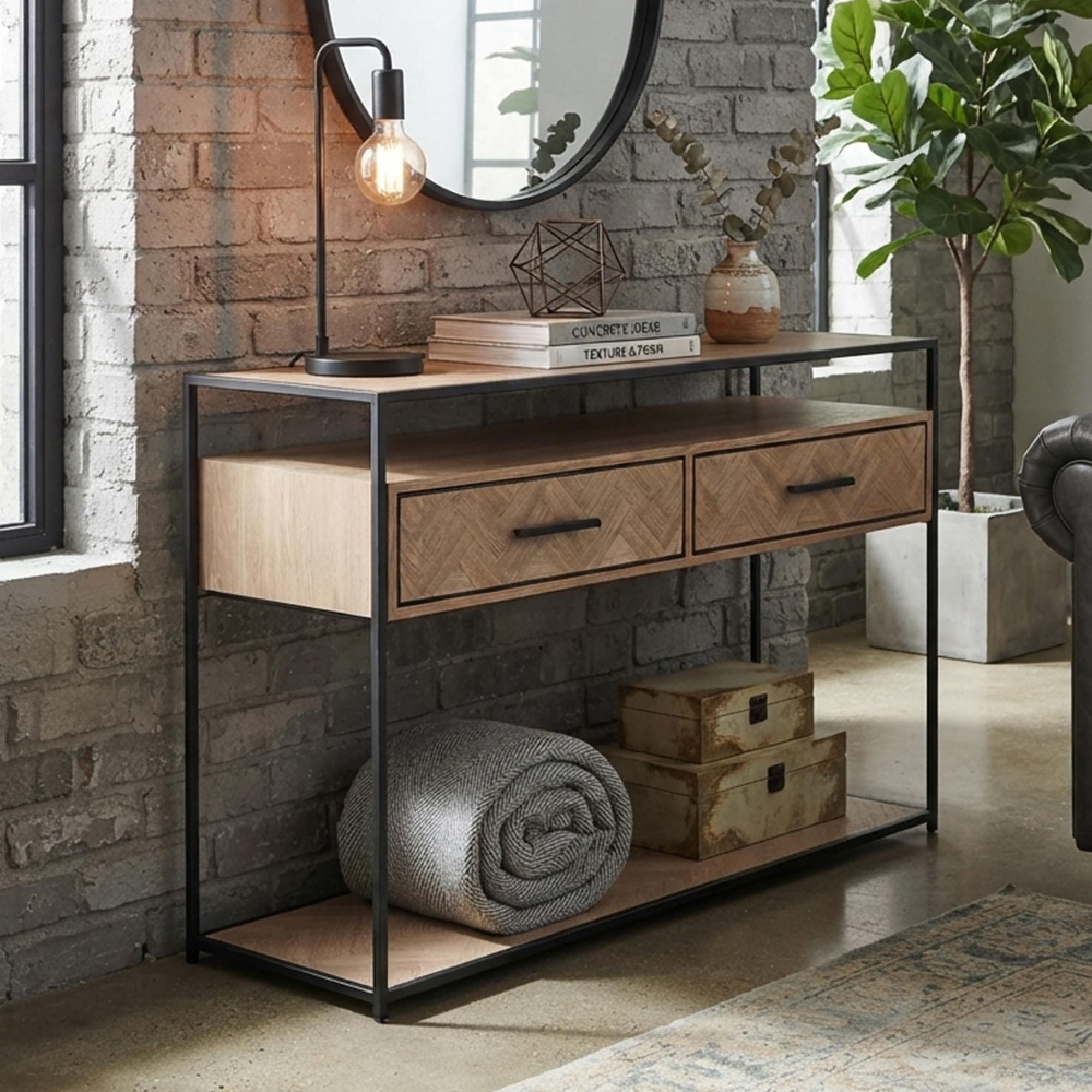 Zigzag Console Table - 2 Drawer - Natural and Black - Wood and Metal