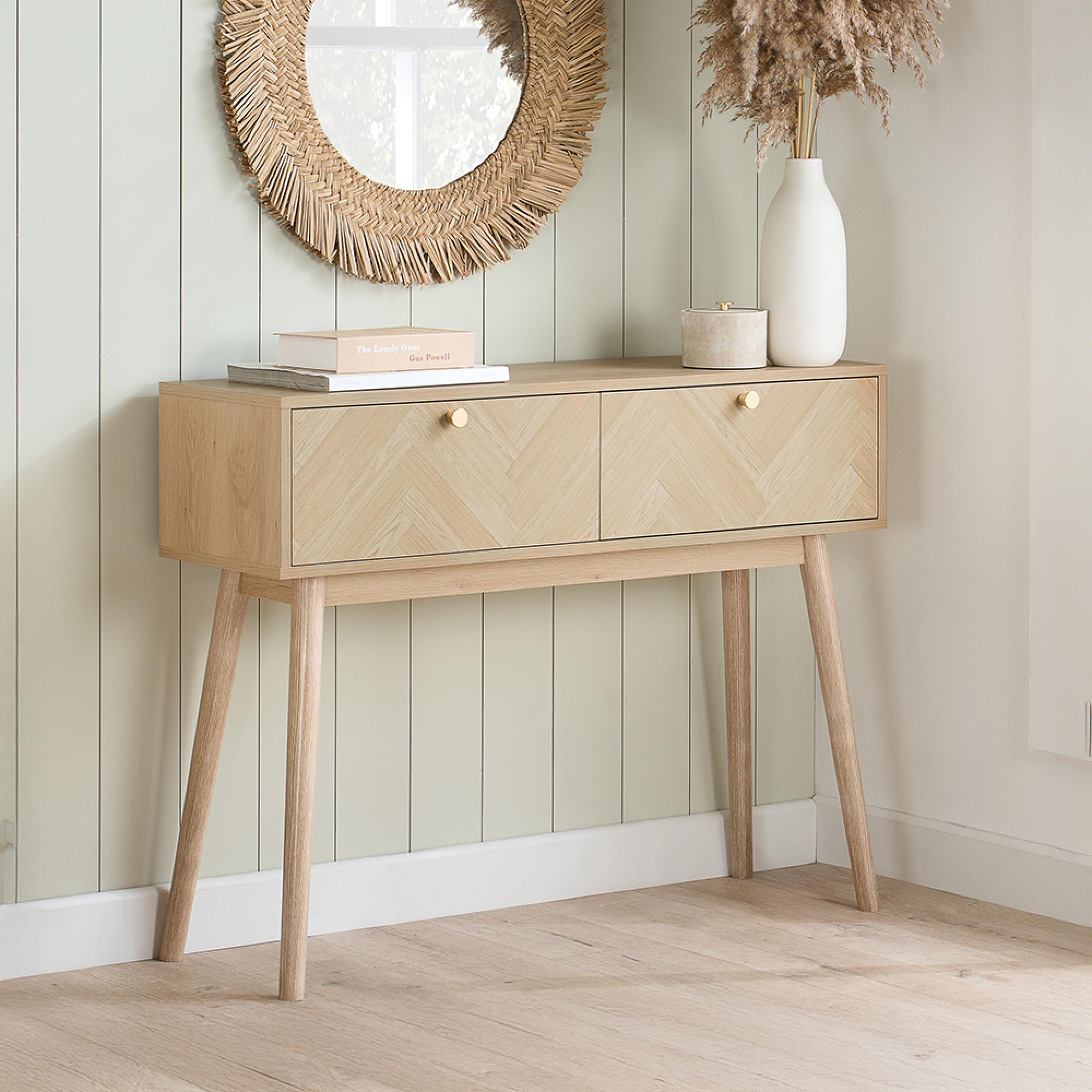 Herringford Oak Console Table - 2 Drawer - Chevron