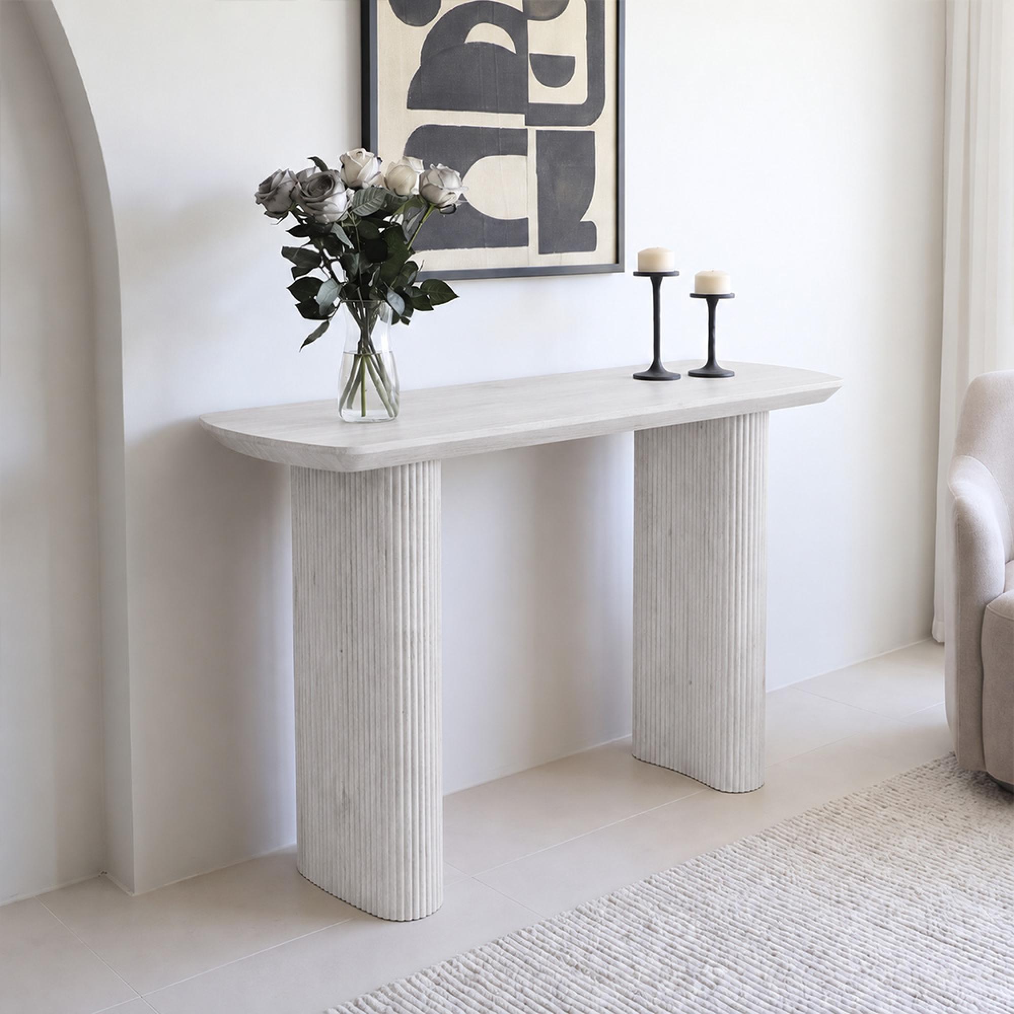 Bern Fluted White Washed Oak Pedestal Console Table
