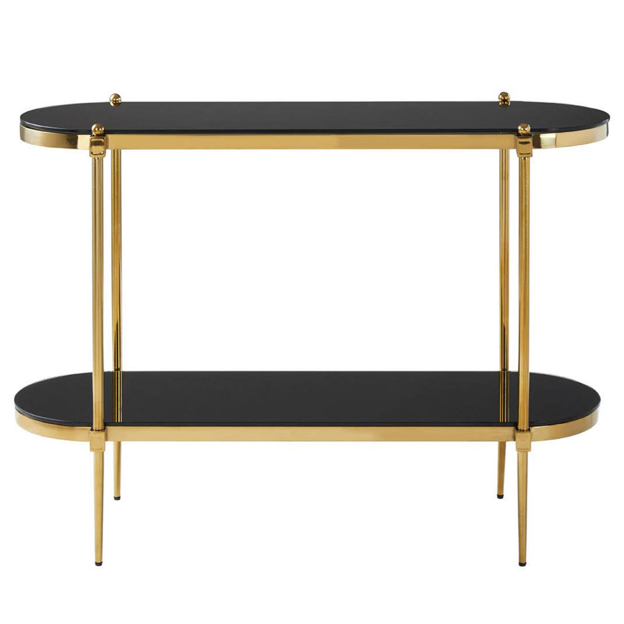 Arezzo Console Table - Oval - Black Glass and Gold Metal - with Shelf