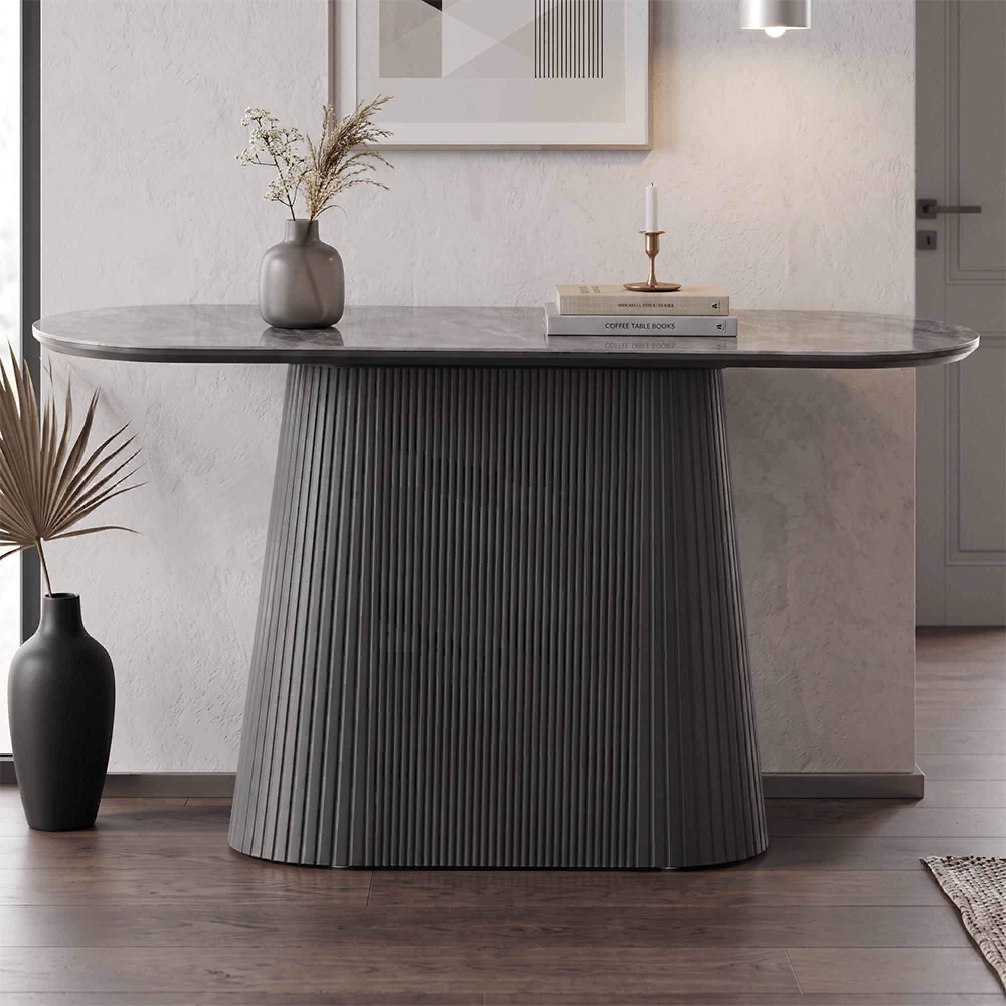 Barletta Console Table - Oval - Fluted Base - Dark Grey - Sintered Stone and Wood