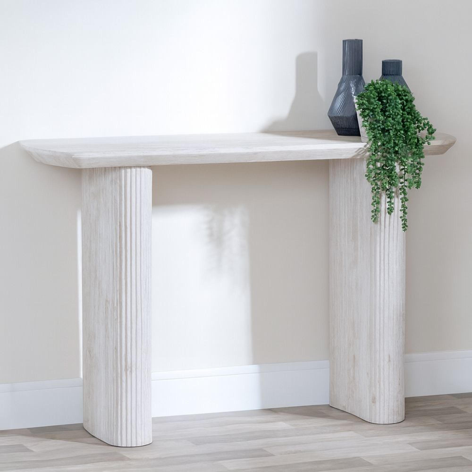 Bern Pedestal Console Table - White Washed Oak - Fluted