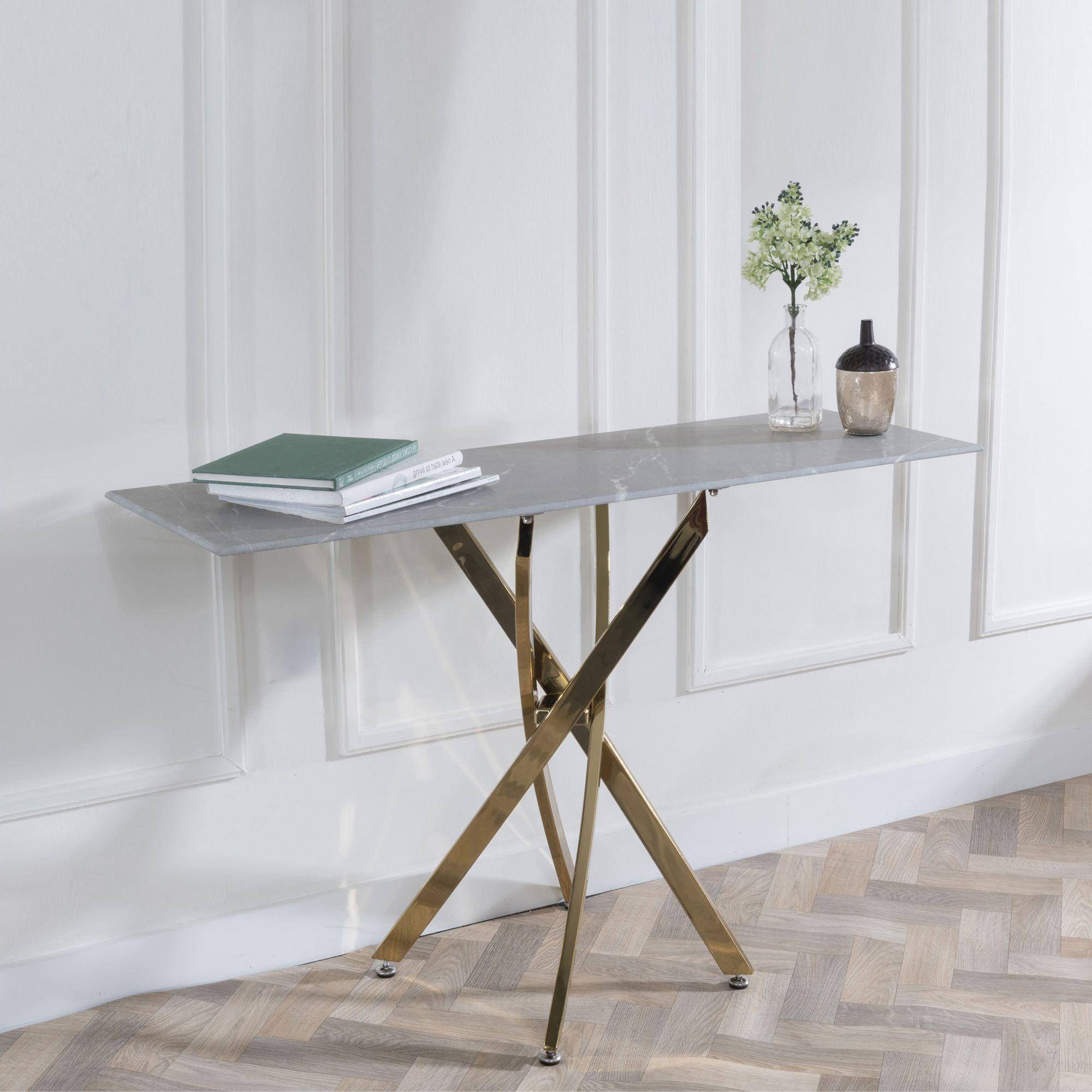 Clearance - Chopstick Console Table - Grey Glass - Gold Metal Legs