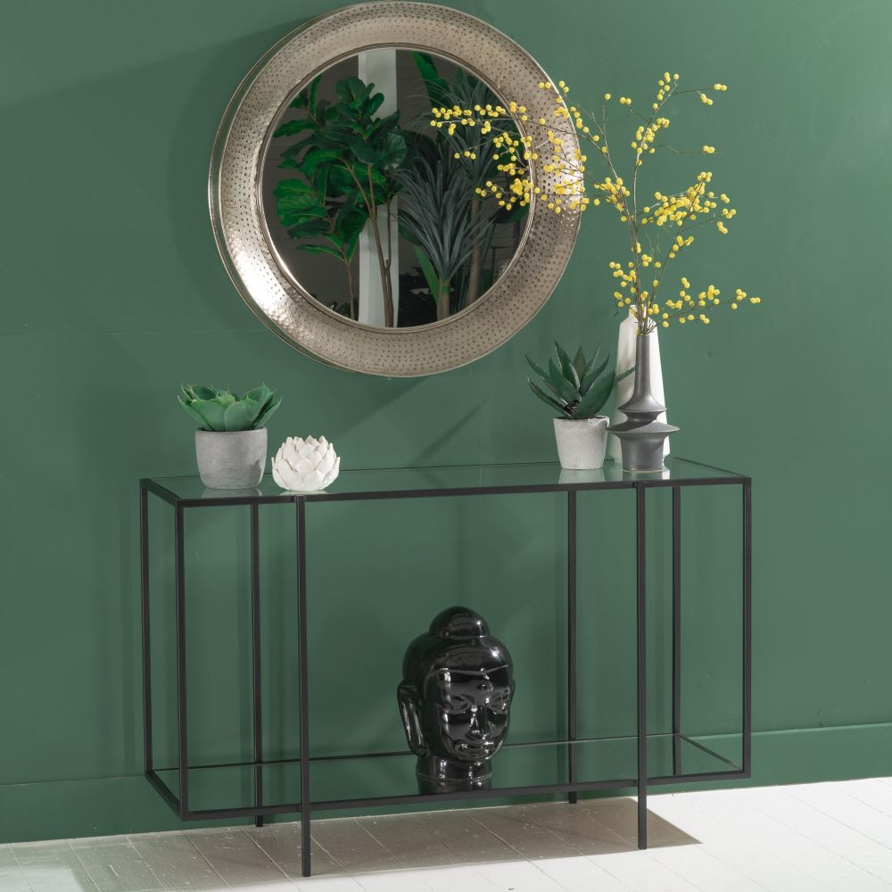 Clearance - Hyde Console Table - Black Metal - Clear Glass Top - Mirrored Shelf