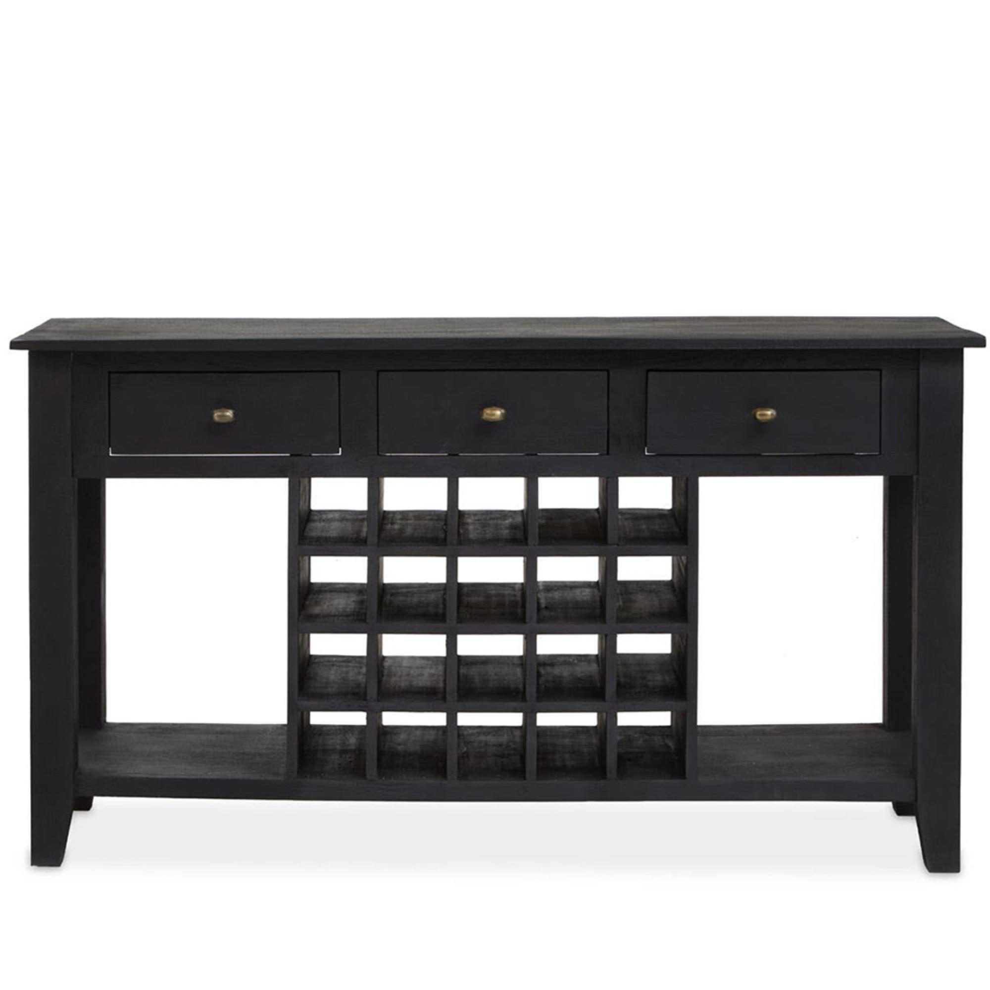 Fusion Console Table - Black Mango Wood - 3 Drawer - with Wine Bottle Storage