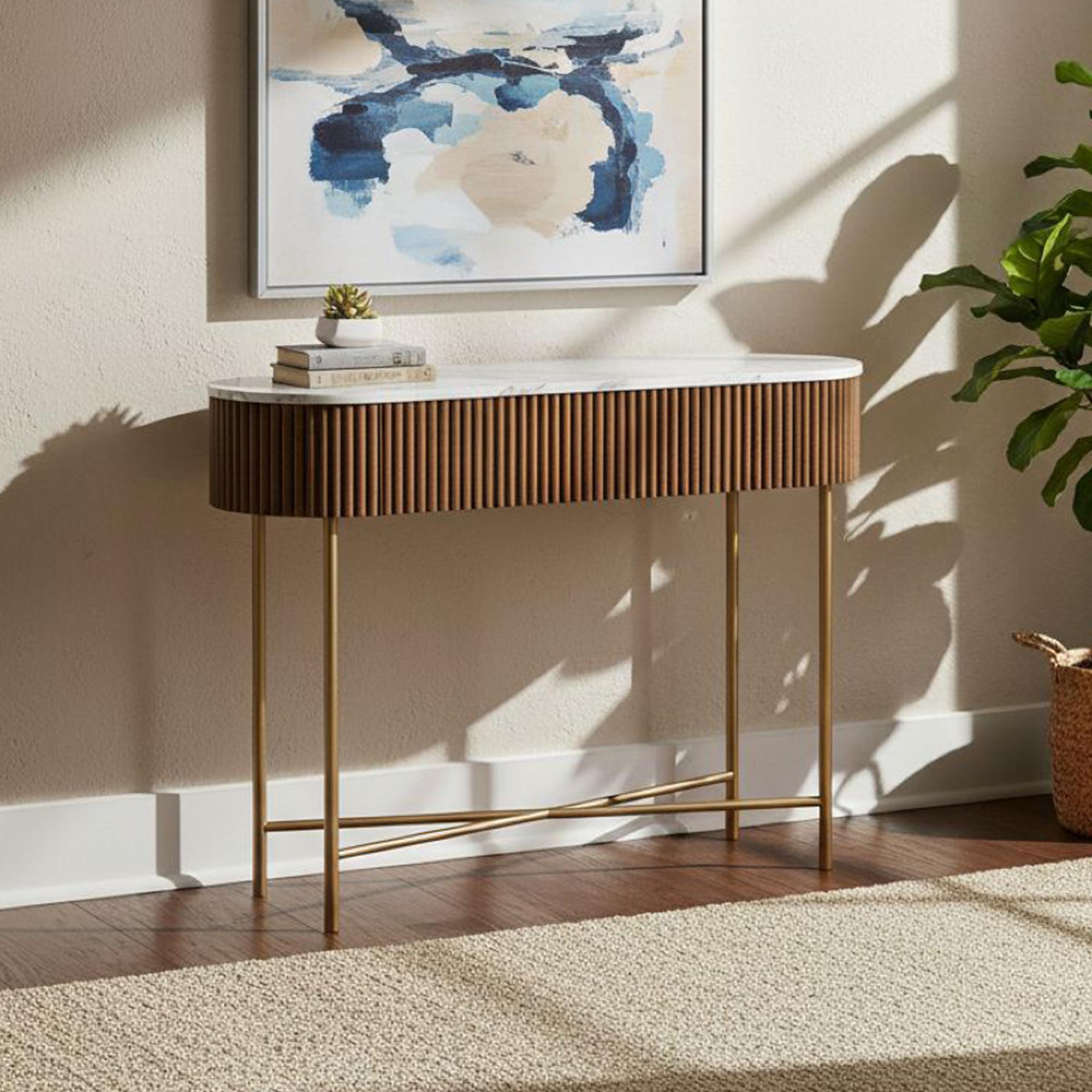 Harvard Console Table - Fluted Curved - White Marble Top