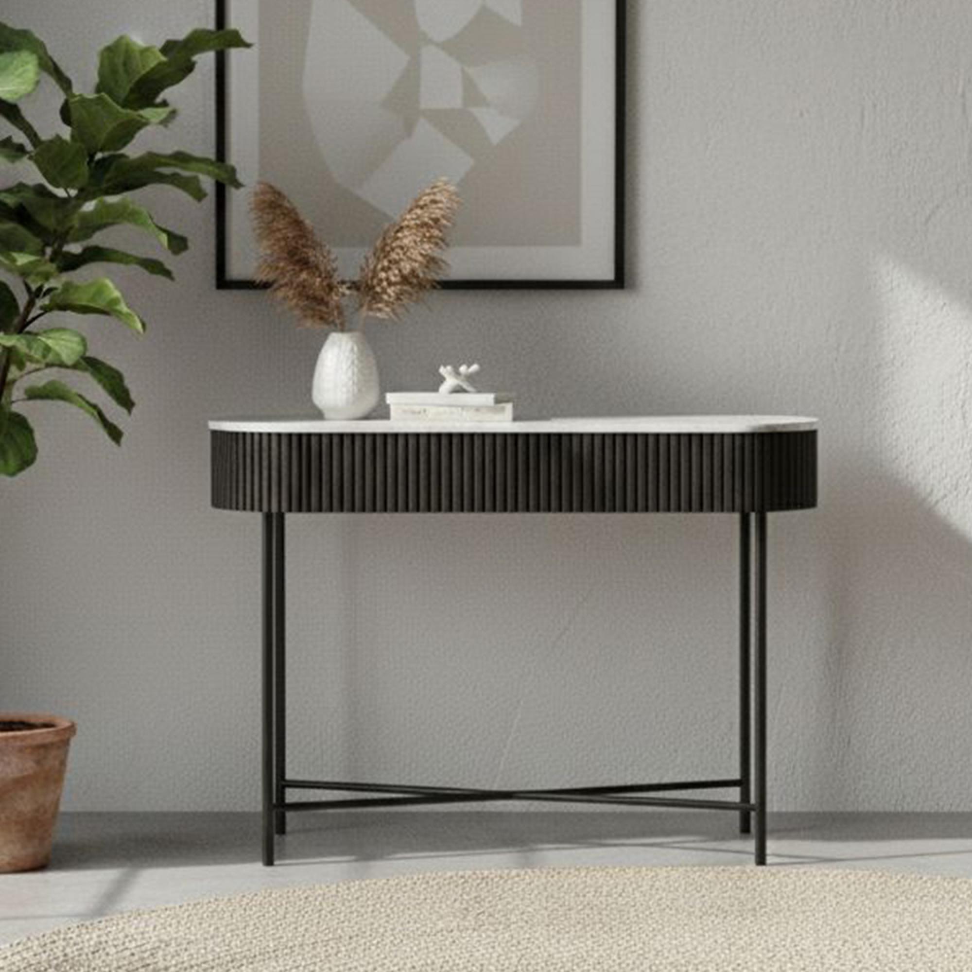 Lucas Black Console Table - Fluted - White Marble Top