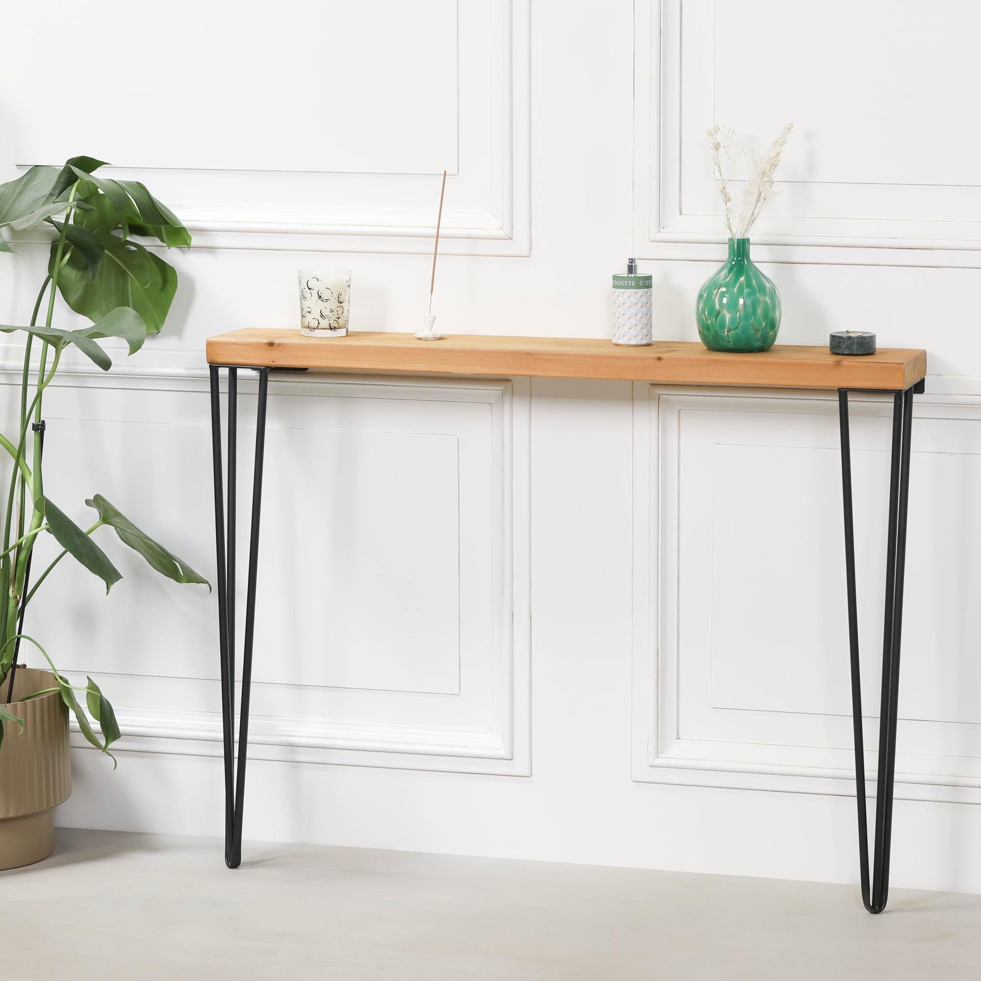 Rustic Pine Wood Console Table - Hairpin Legs