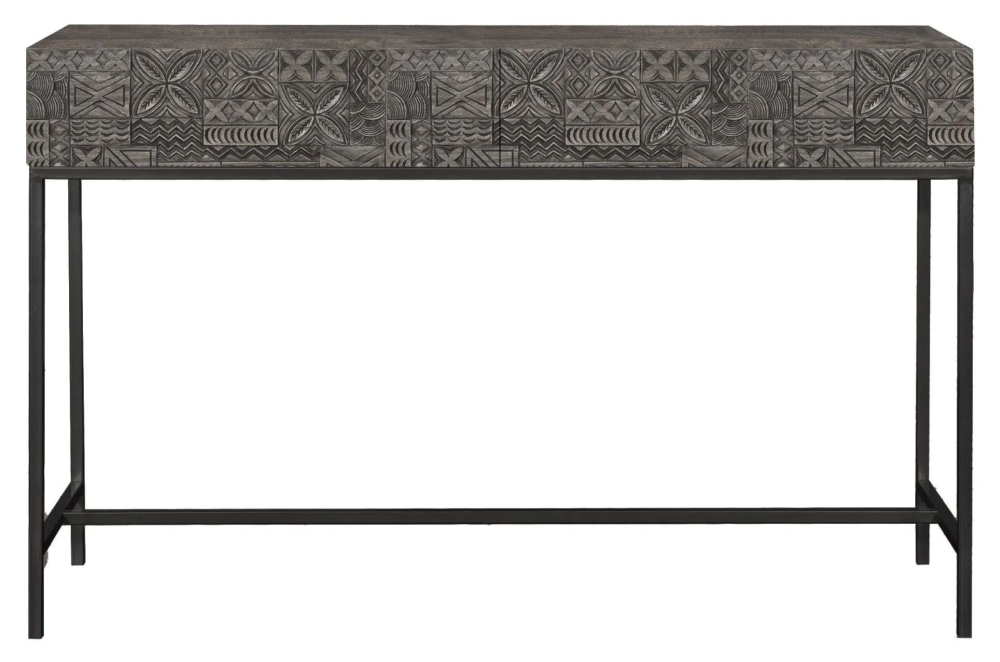 Sahara Console Table - 2 Drawer - Large - Black Washed Carved Mango Wood