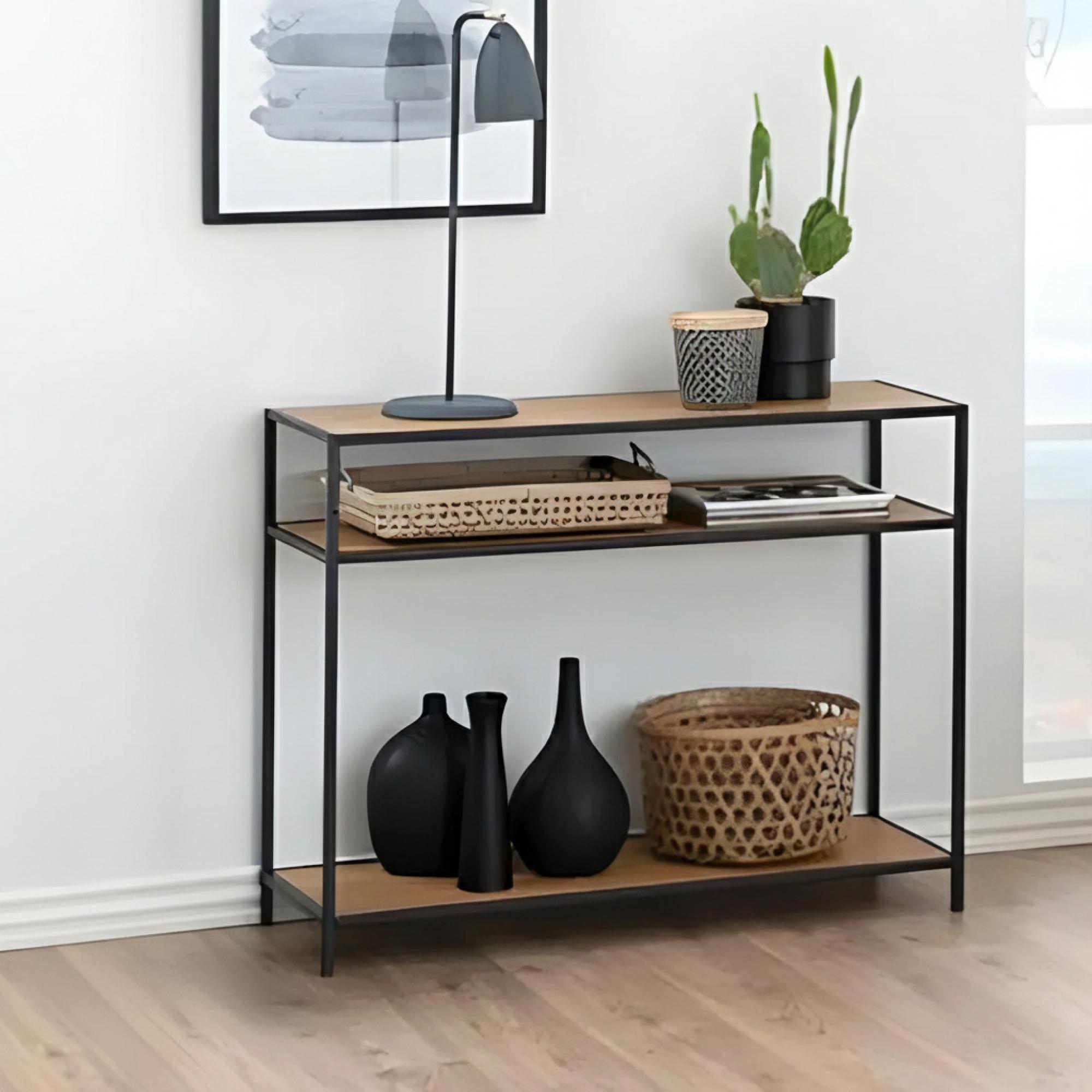 Seaford Console Table - with Shelves - Oak and Black Metal
