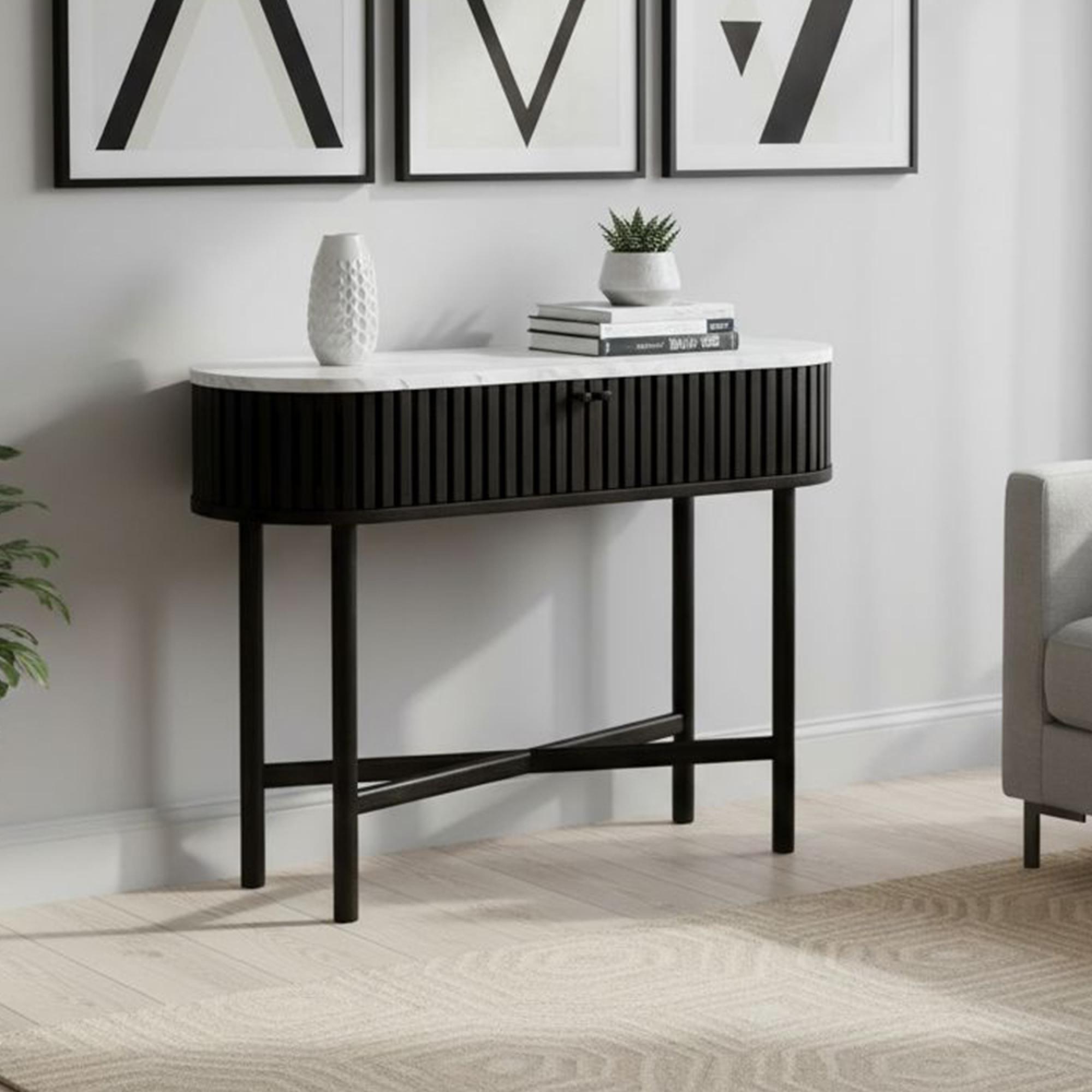 Soho Black Console Table - 2 Door - Slatted Oval - White Marble Top
