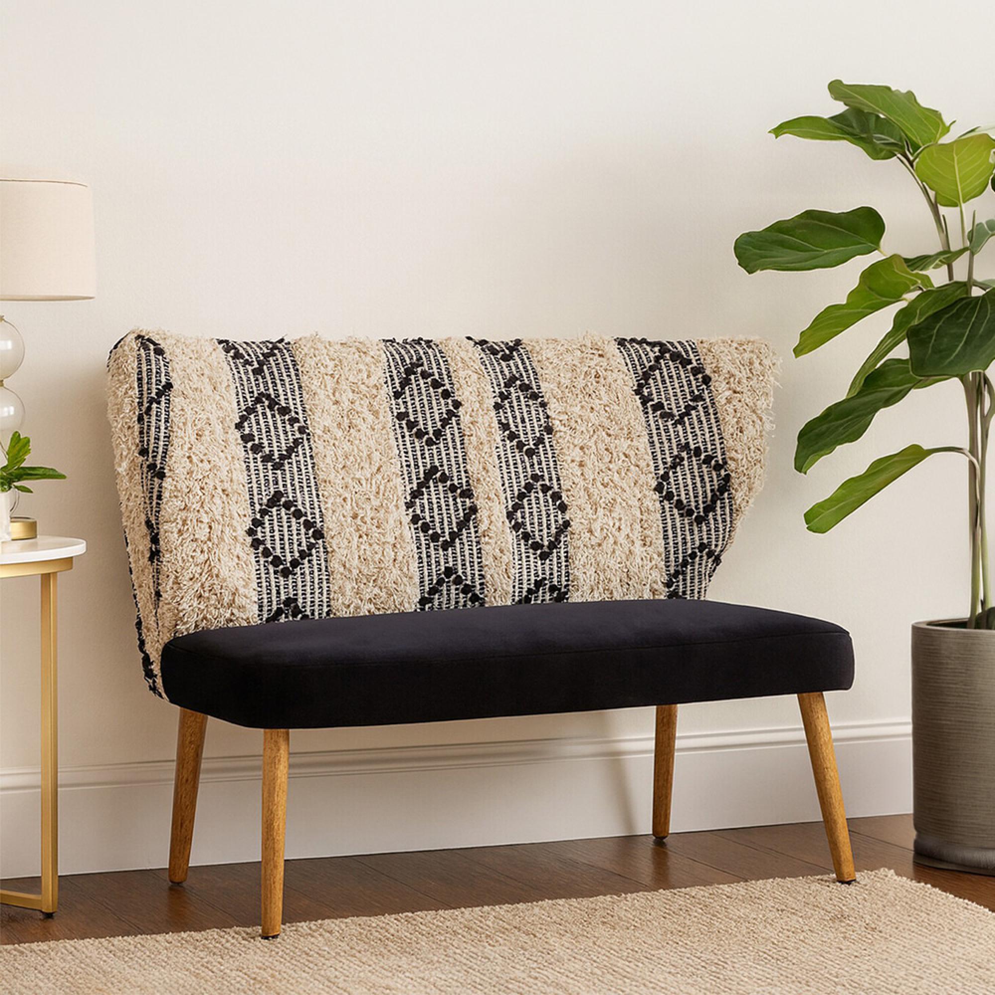 Cefena Bench - Moroccan - White and Black Fabric with Backrest