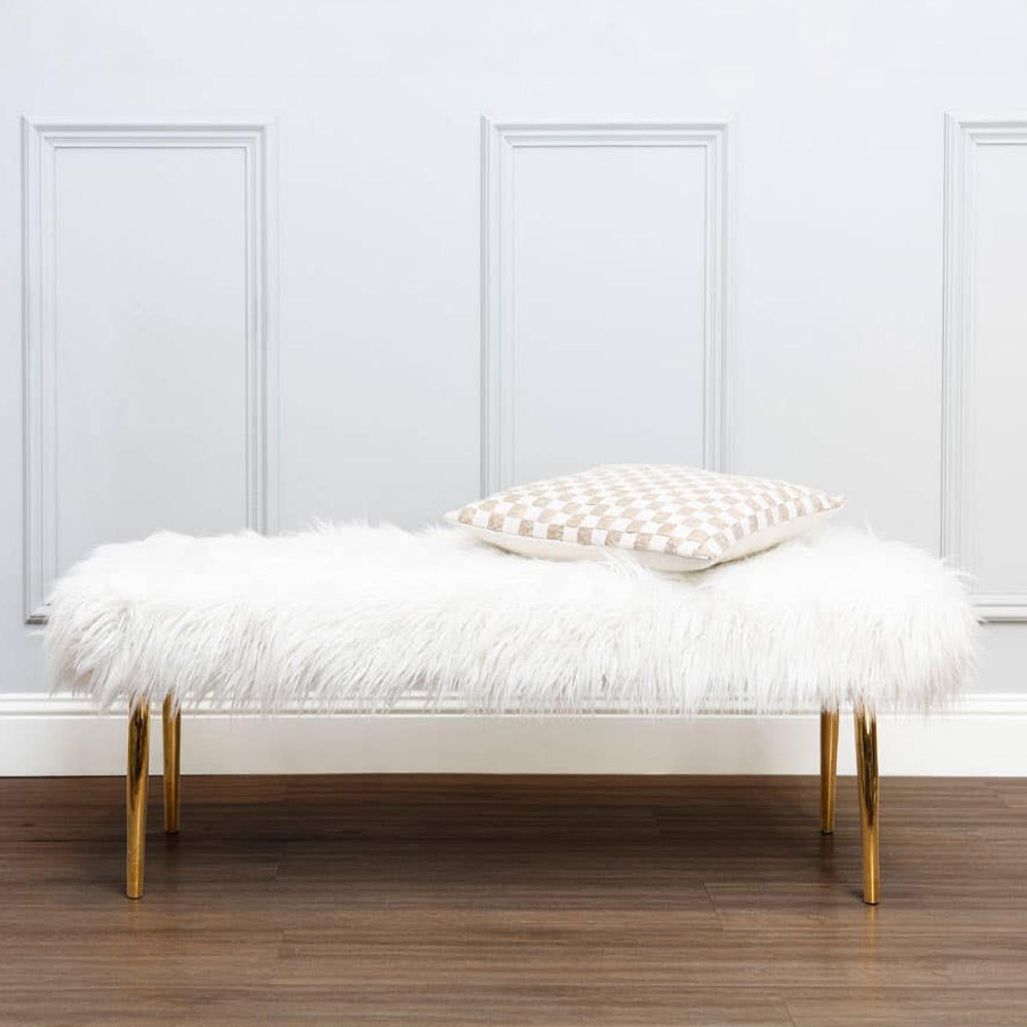 Clarence Bench - White Faux Fur with Gold Legs