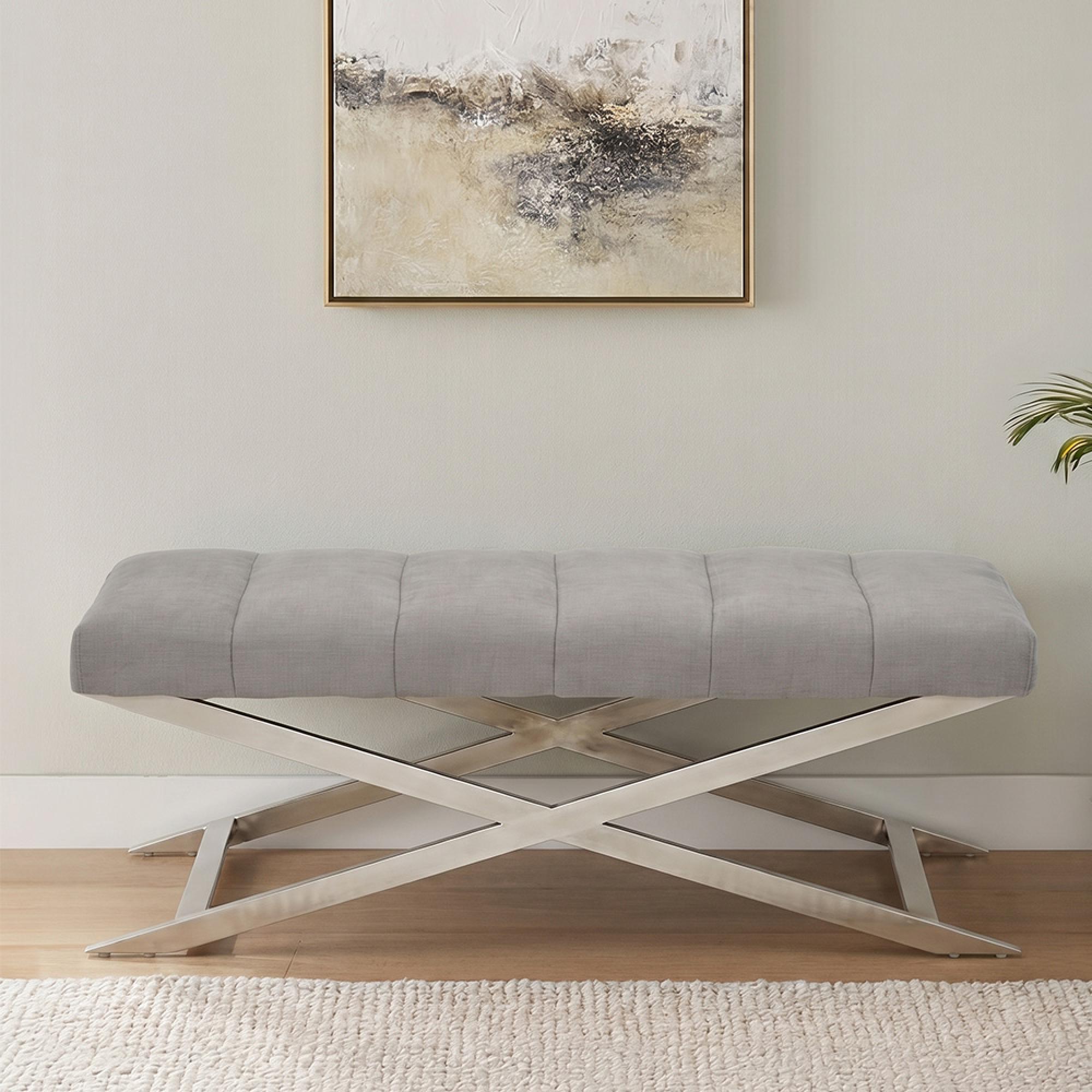 Gilden Bench - Grey Fabric with Silver Cross Base