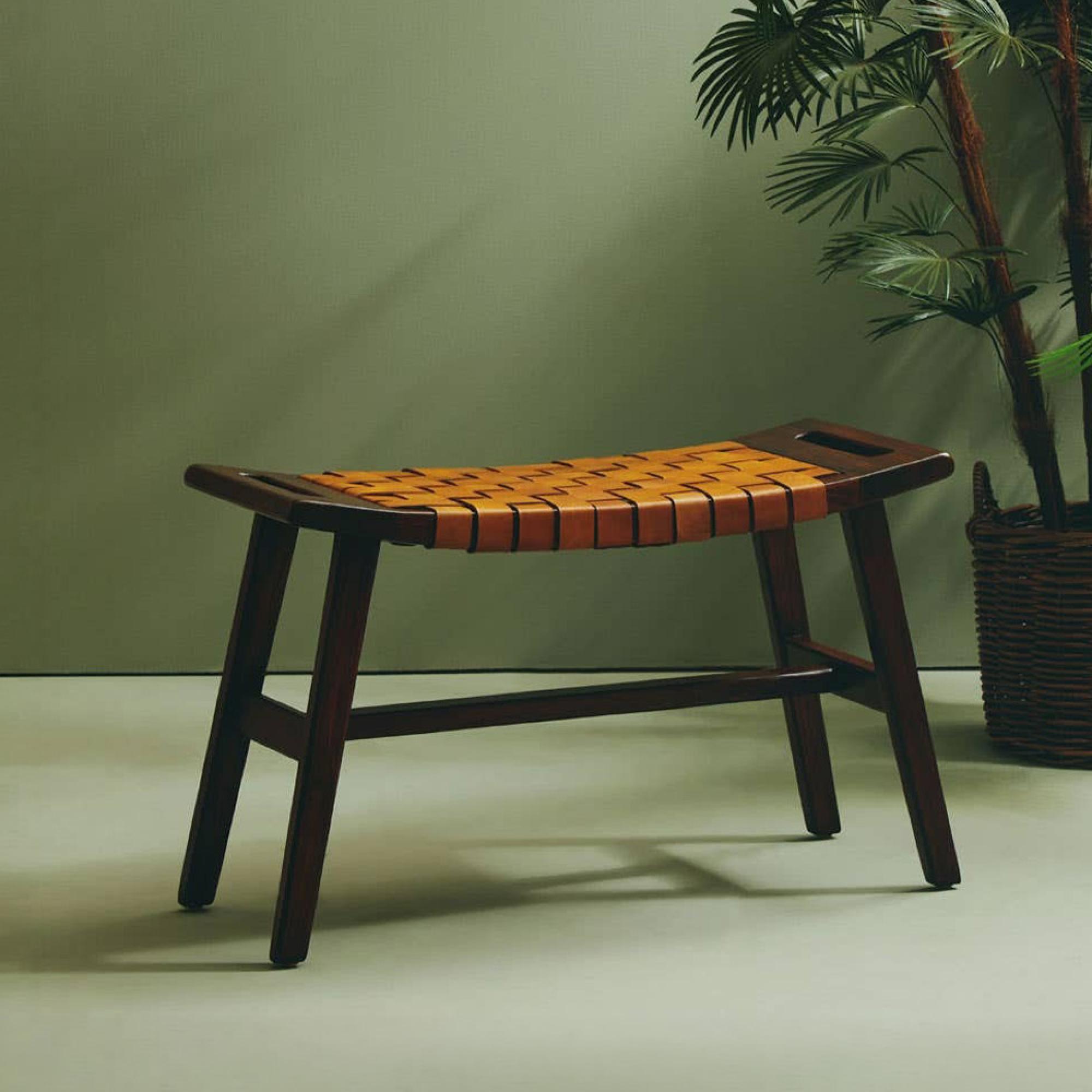 Inca Bench - Brown Leather with Teak Wood - Small Strapped