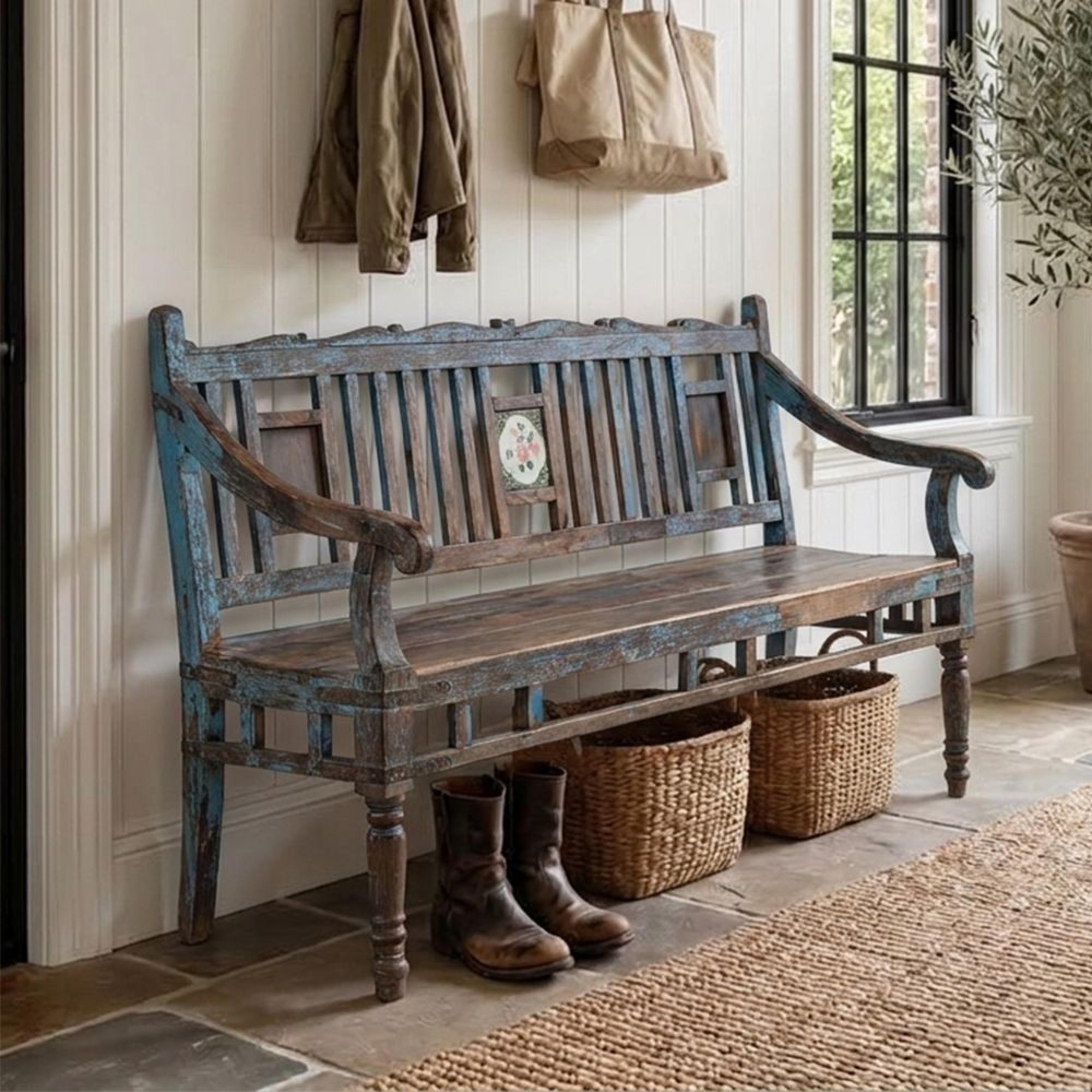 Distressed Bench - with Tiles Backrest - Blue - Wooden