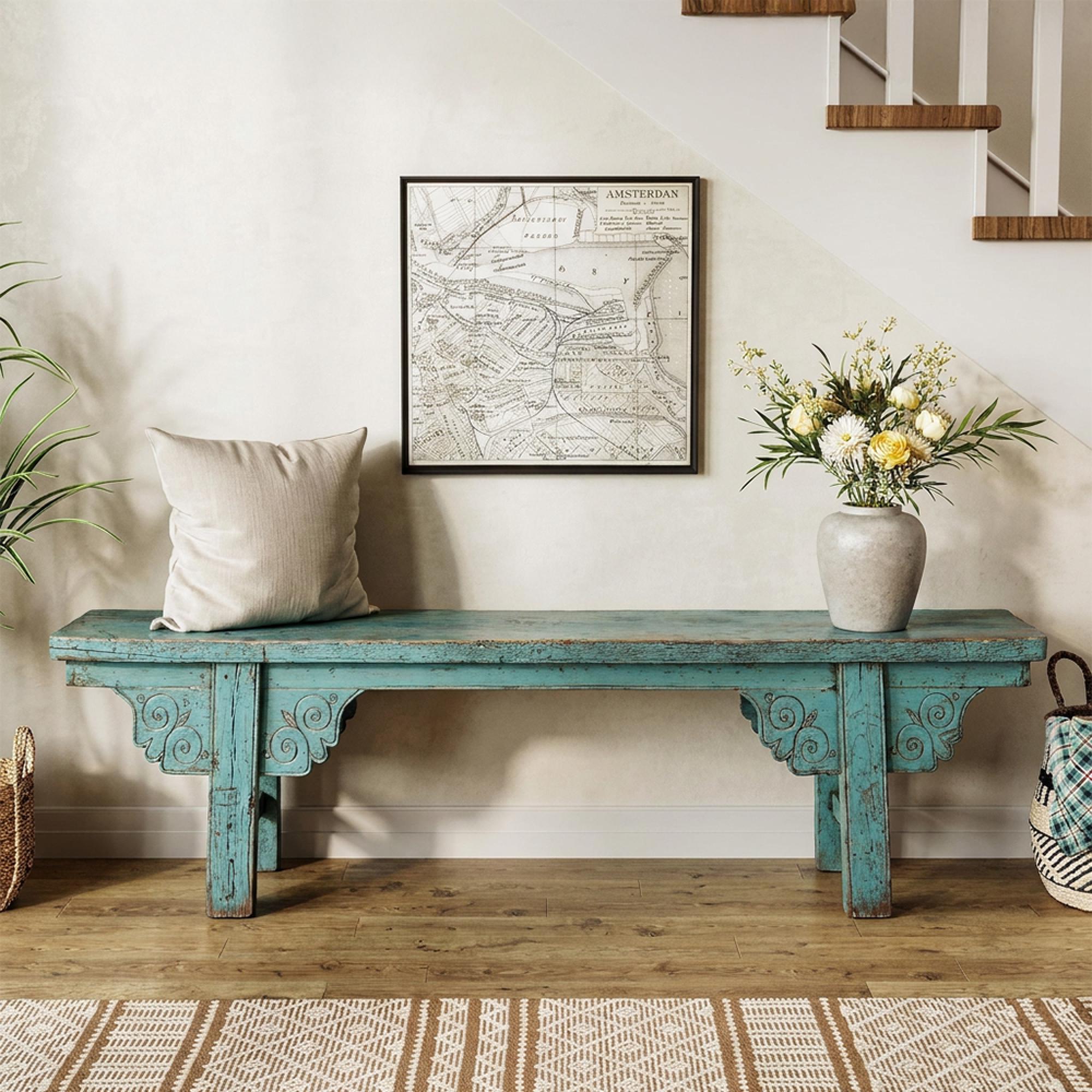 Unique One of a Kind - Distressed Hand Painted Bench - Carved Trestle Legs - Turquoise Blue - Elm Wood