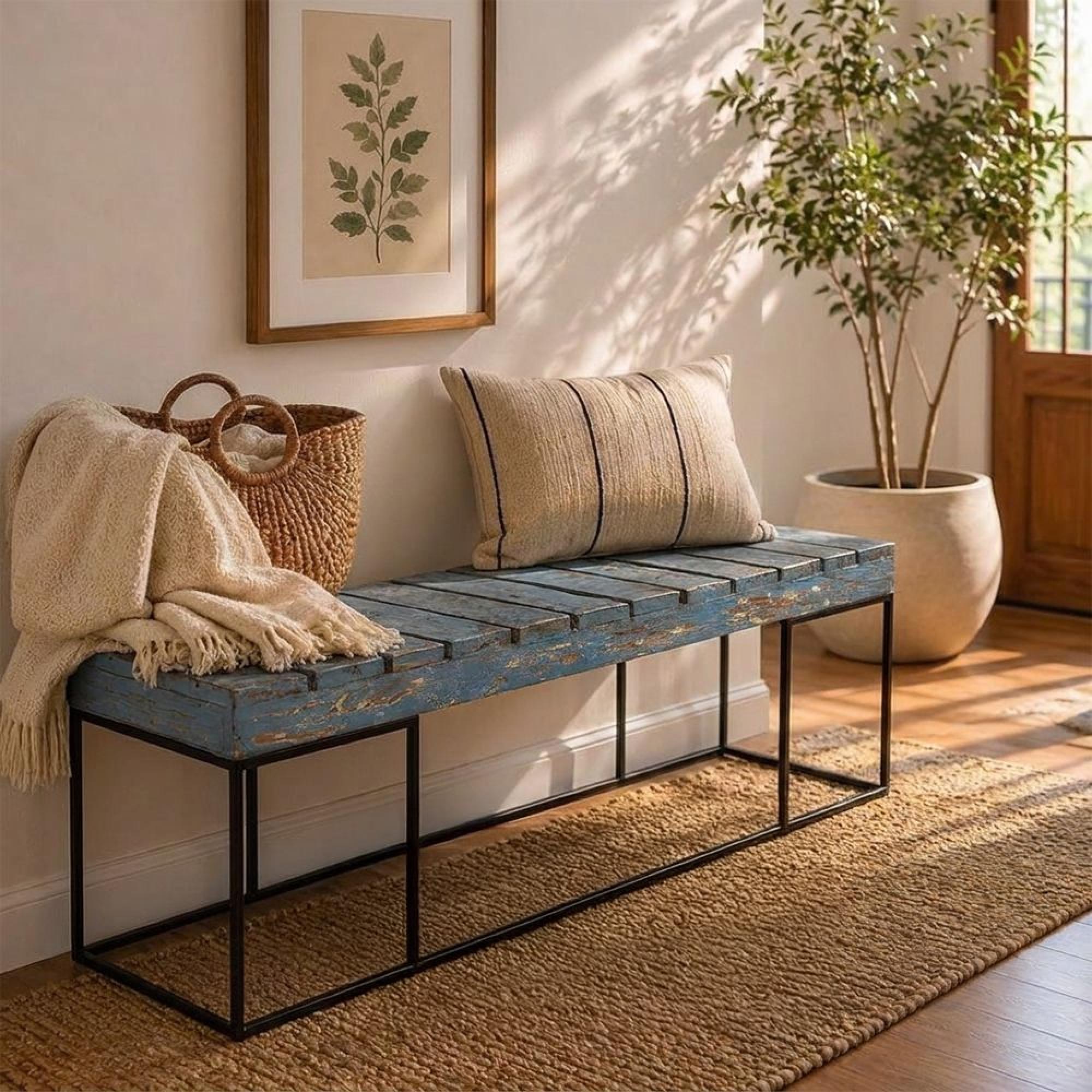 Distressed Industrial Bench - Blue and Black - Reclaimed Wood and Metal