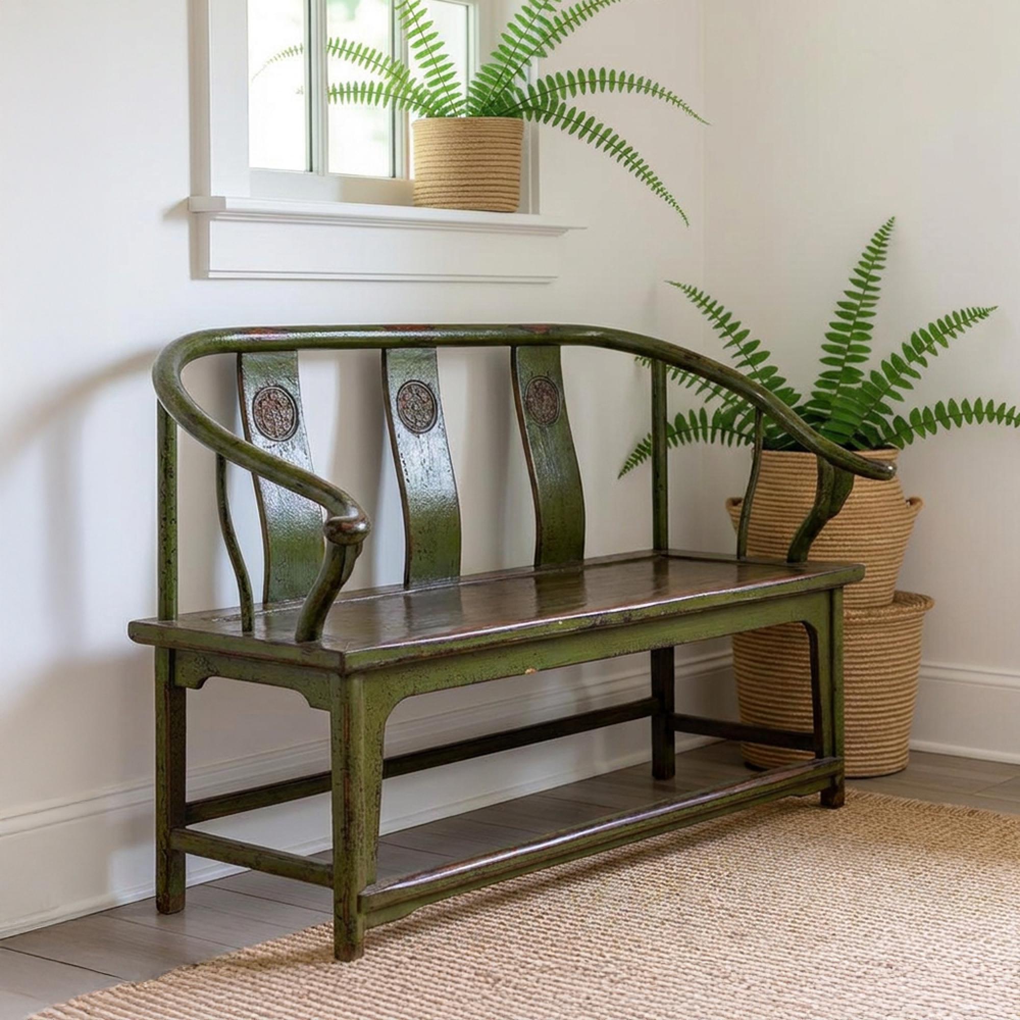 Distressed Loveseat Bench - Green - Lacquered Pine Wood