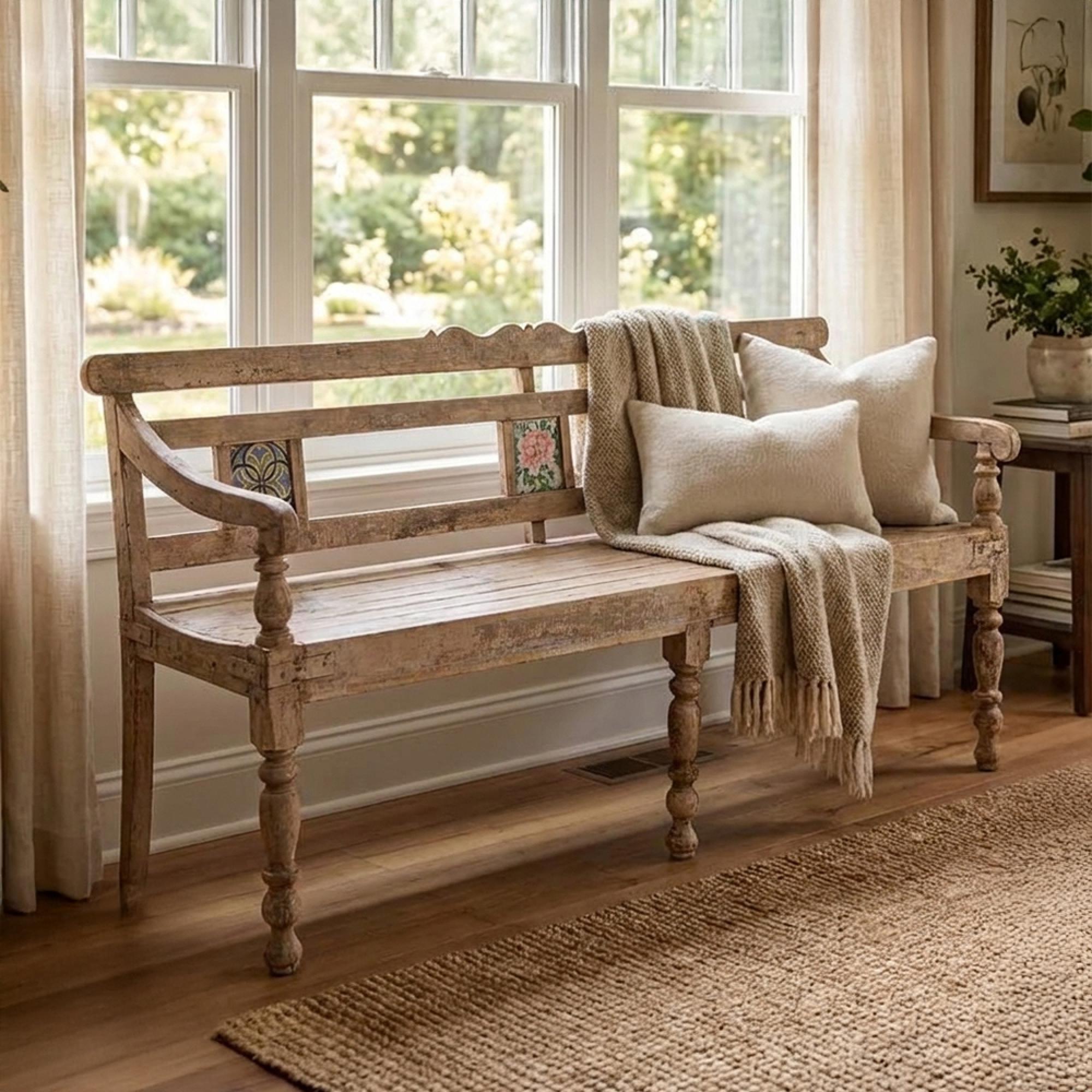 Distressed Rustic Bench - with Tiles Backrest - Turned Legs - Natural - Wooden