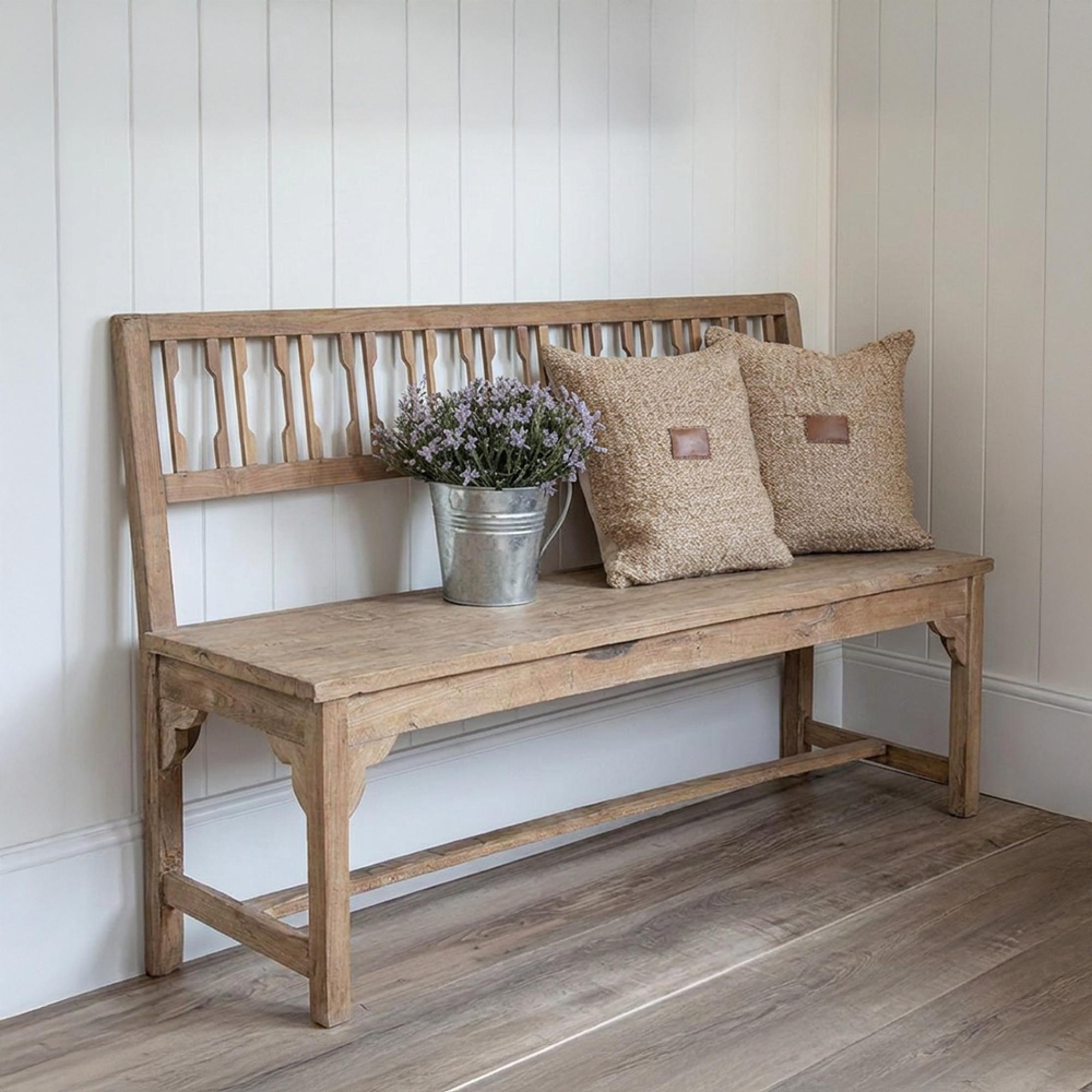 Rustic Bench - Slatted Backrest - Natural - Wooden