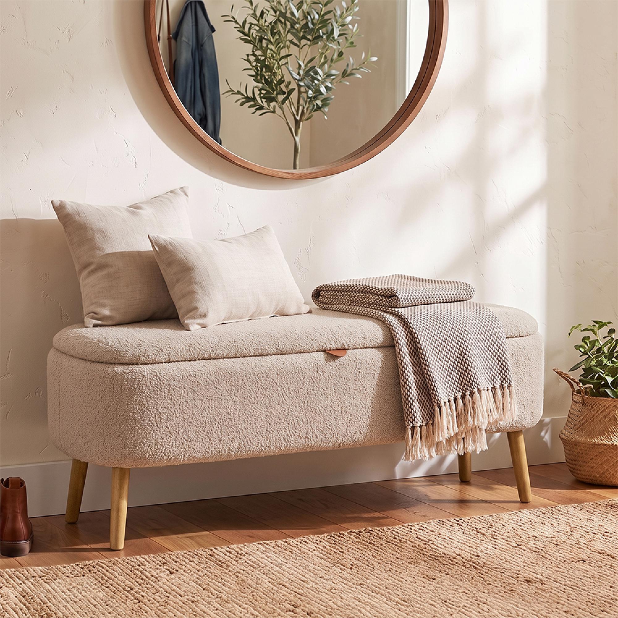 Harlow Storage Bench - Beige and Natural - Fabric and Rubberwood