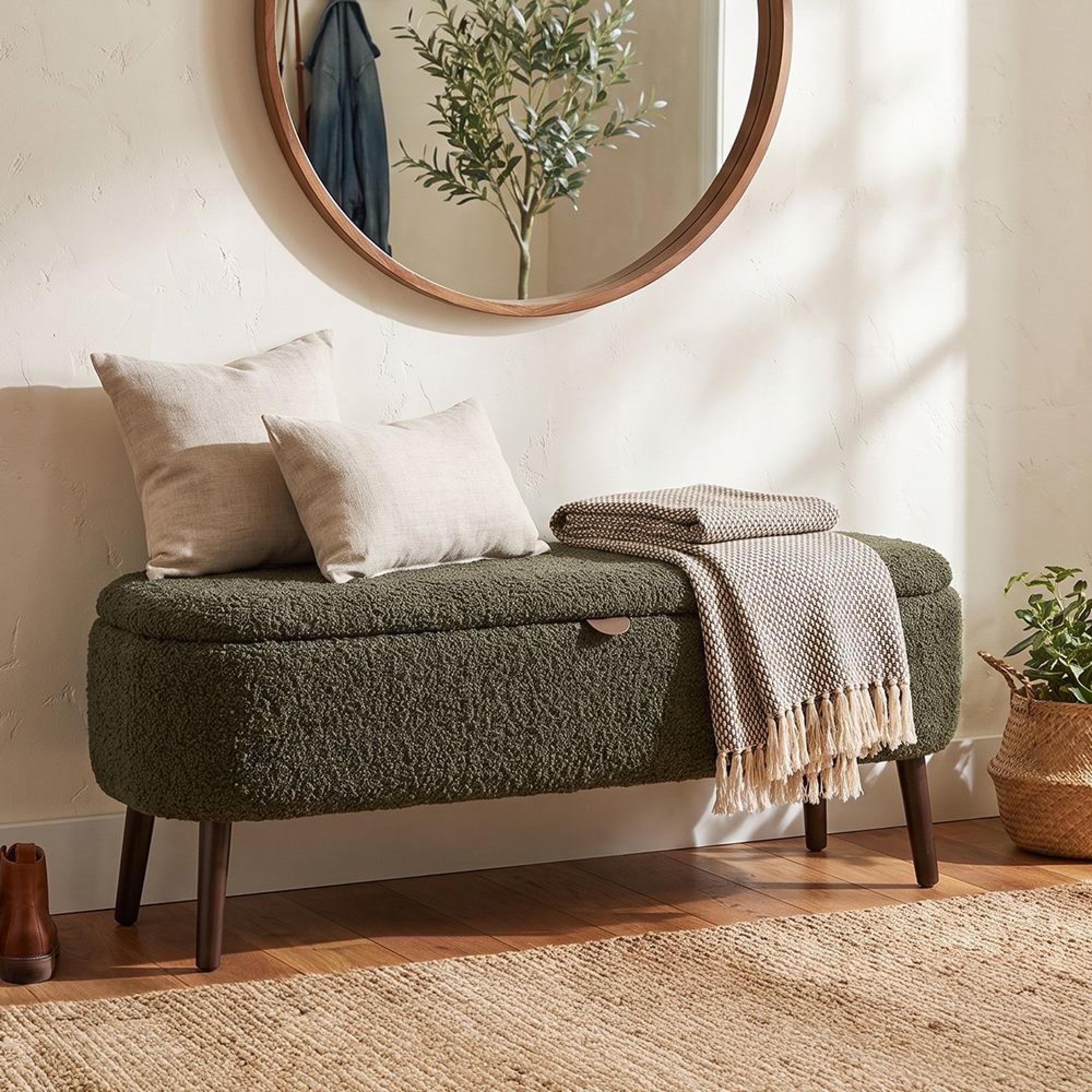 Harlow Storage Bench - Green and Black - Fabric and Rubberwood