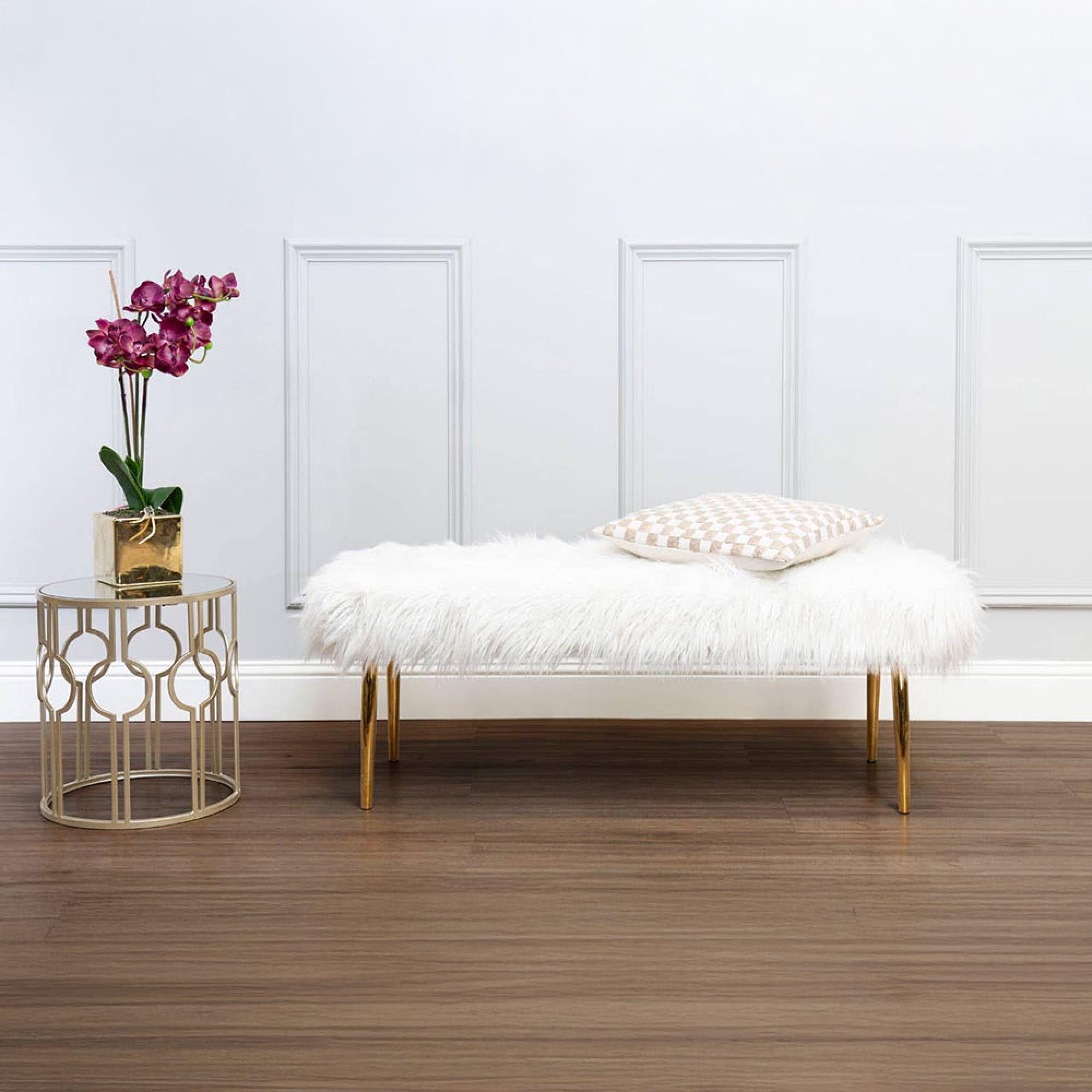 Clarence Bench - White Faux Fur with Gold Legs
