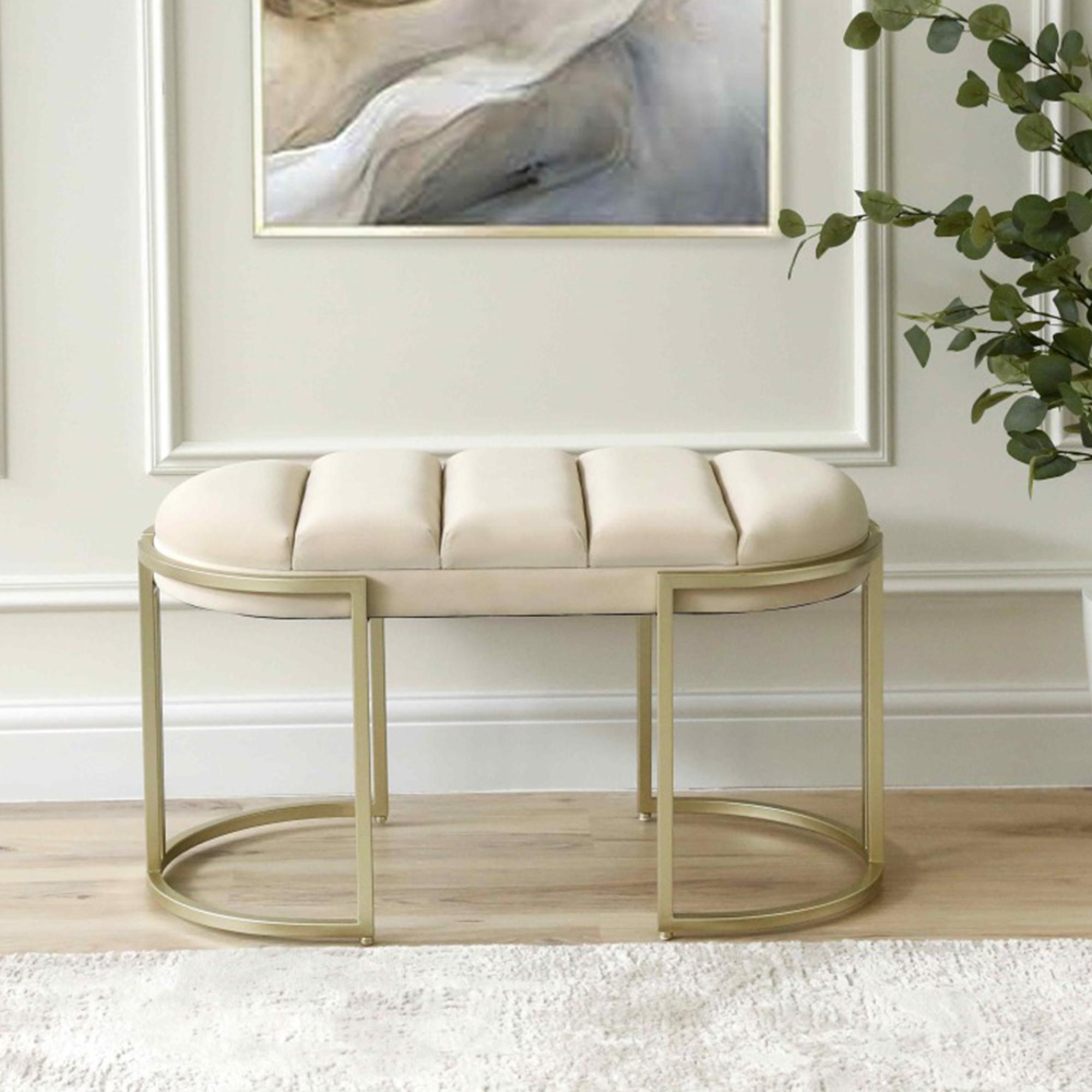 Hall Bench - Oval Small - Cream Velvet Fabric and Champagne Metal