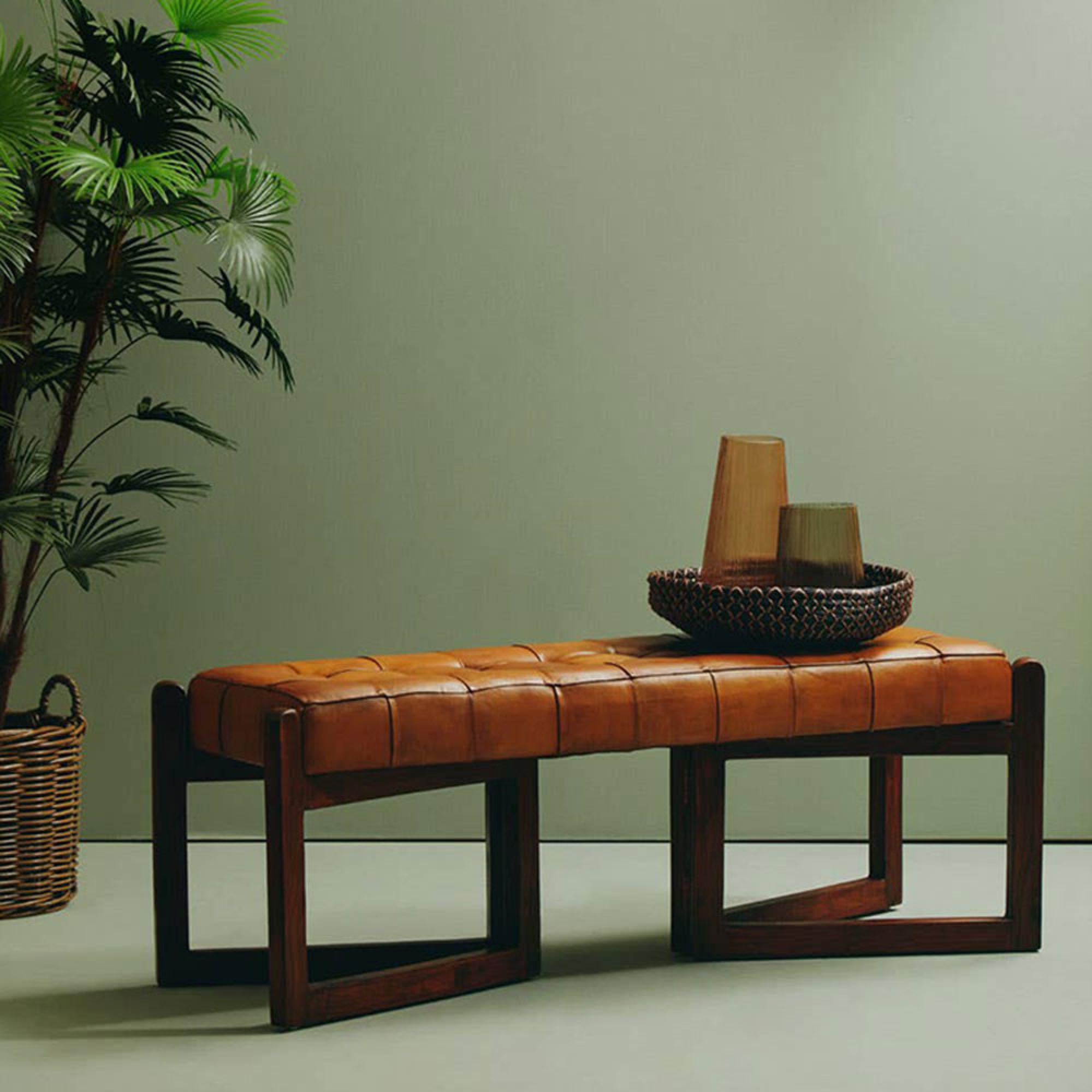 Inca Bench - Brown Leather with Teak Wood - Wooden Legs
