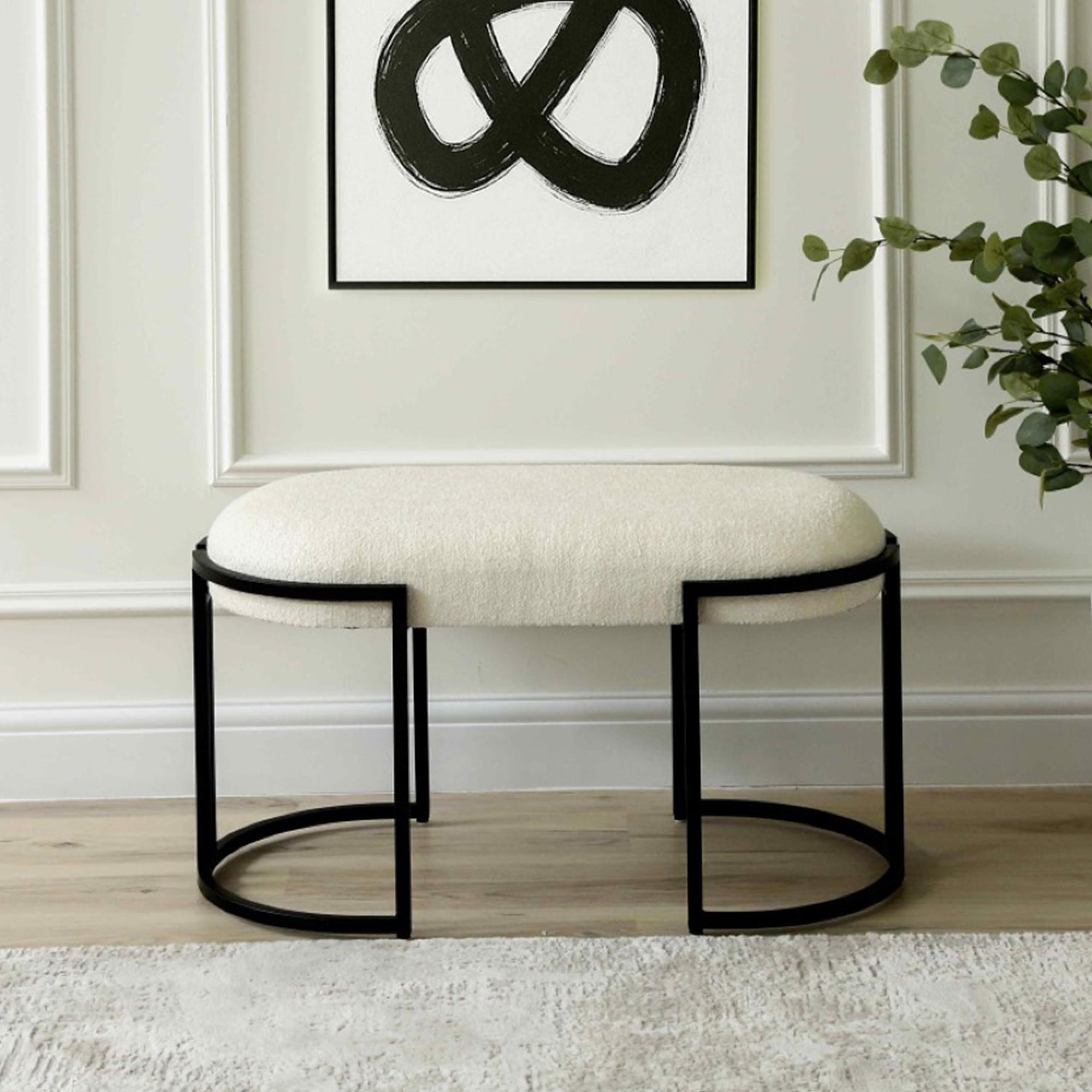 Hall Bench - Oval - White Boucle and Black Metal