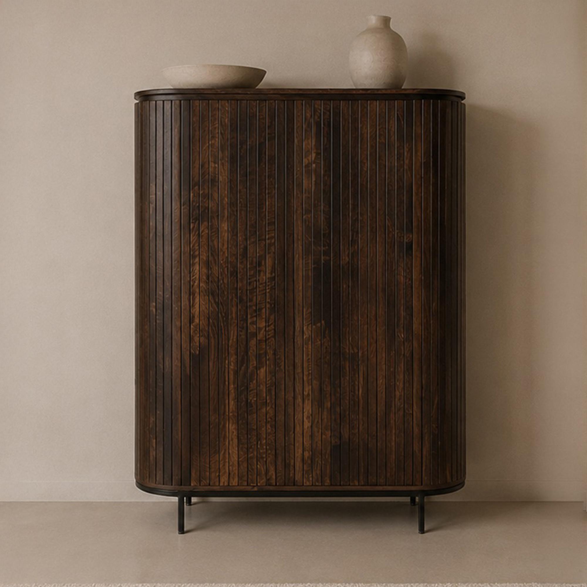 Noor Curved Fluted Hall Cabinet - 2 Door - Walnut - Mango Wood