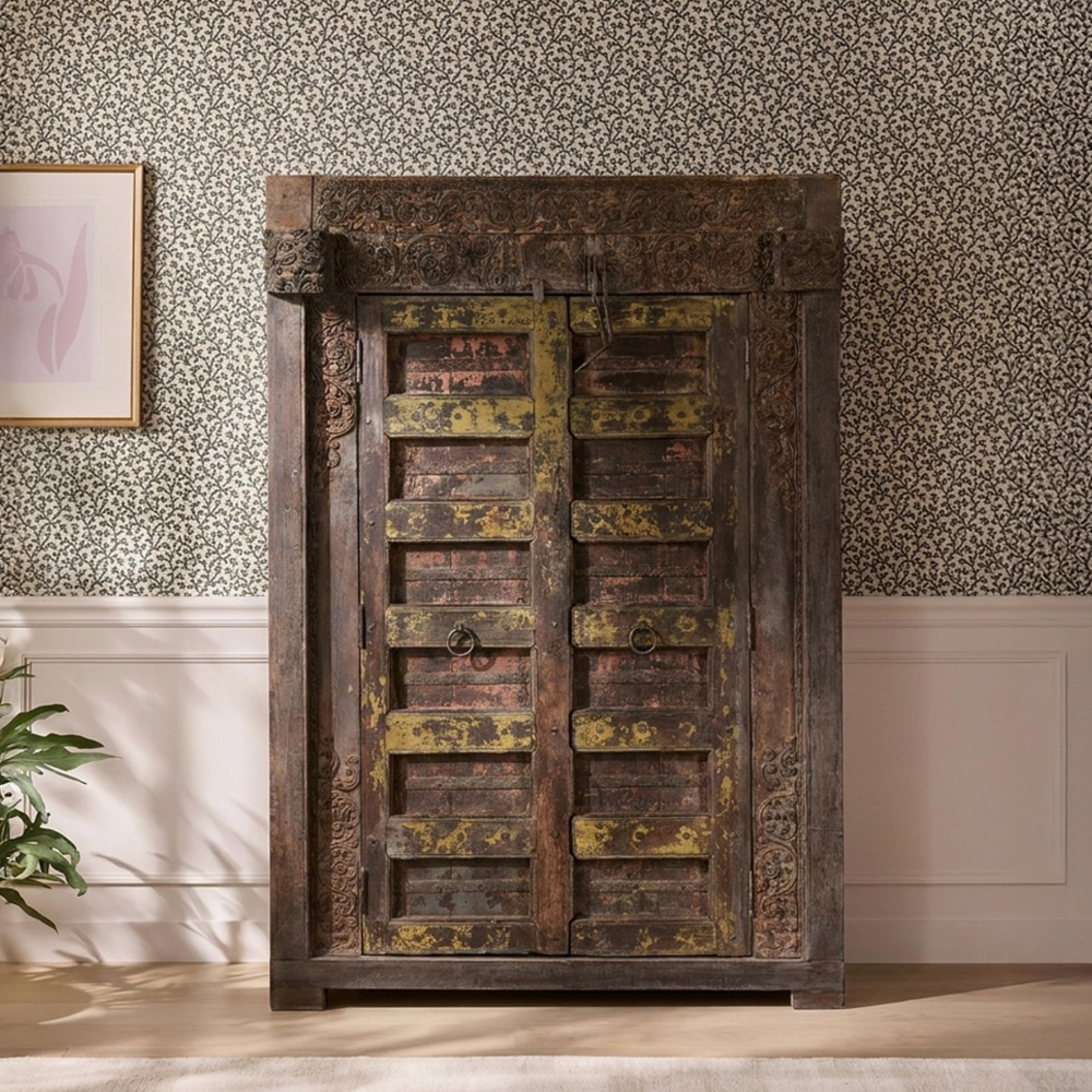 Unique One of a Kind - Carved Storage Cabinet - 2 Door - Multi-Color - Reclaimed Wood