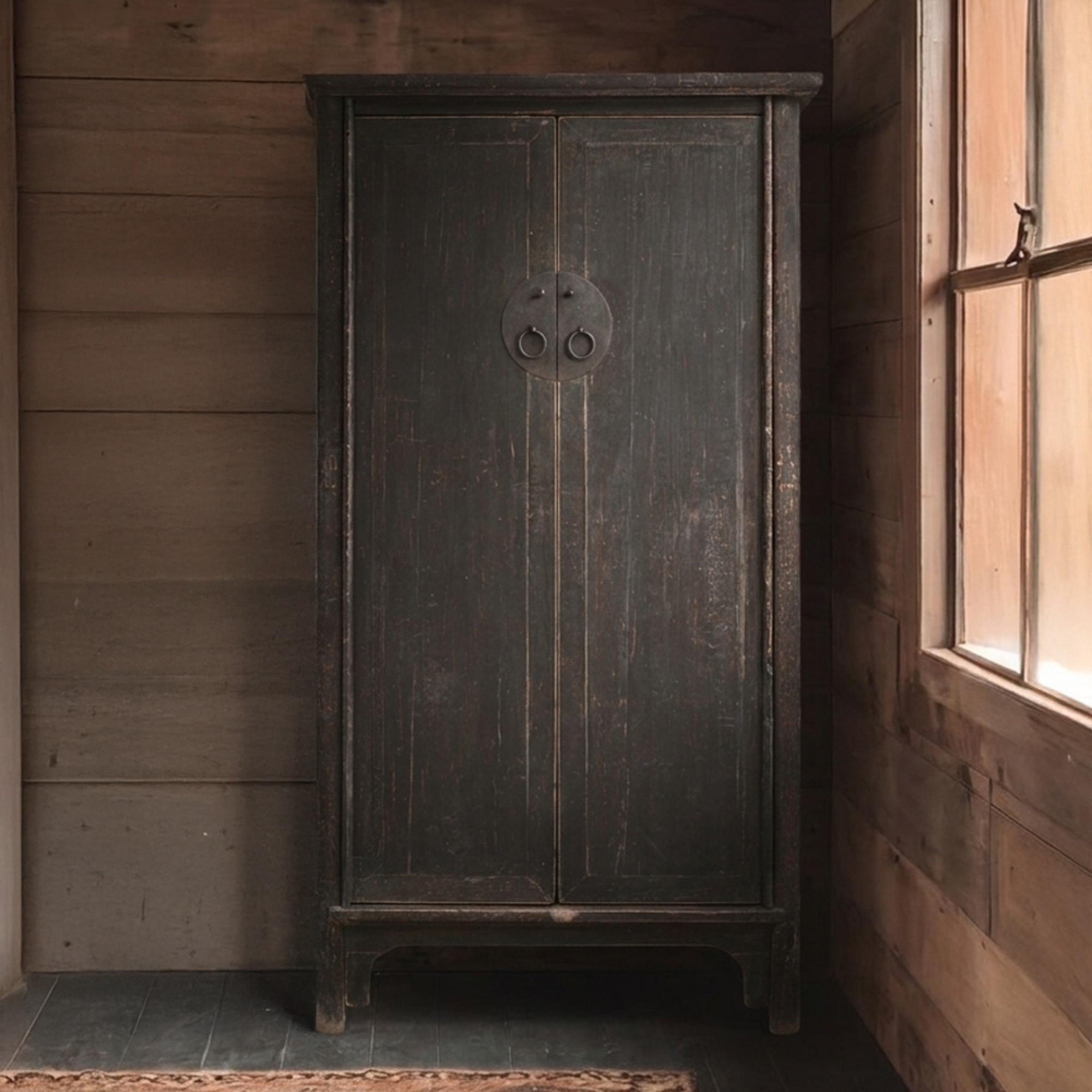 Distressed Storage Cabinet - 2 Door - 2 Drawer - Oriental Style - Rich Black - Wooden