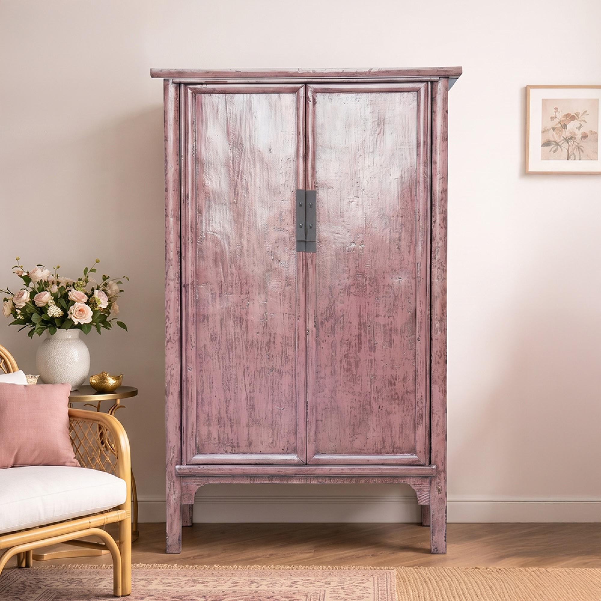 Unique One of a Kind - Distressed Storage Cabinet - 2 Door - 2 Drawer - Pink - Elm Wood